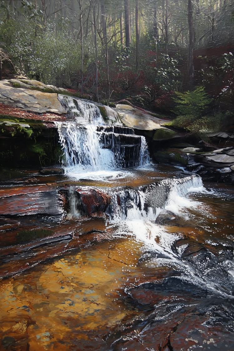Quiet Copper Run full artwork with an early-spring mountain stream, waterfall, and exposed rock