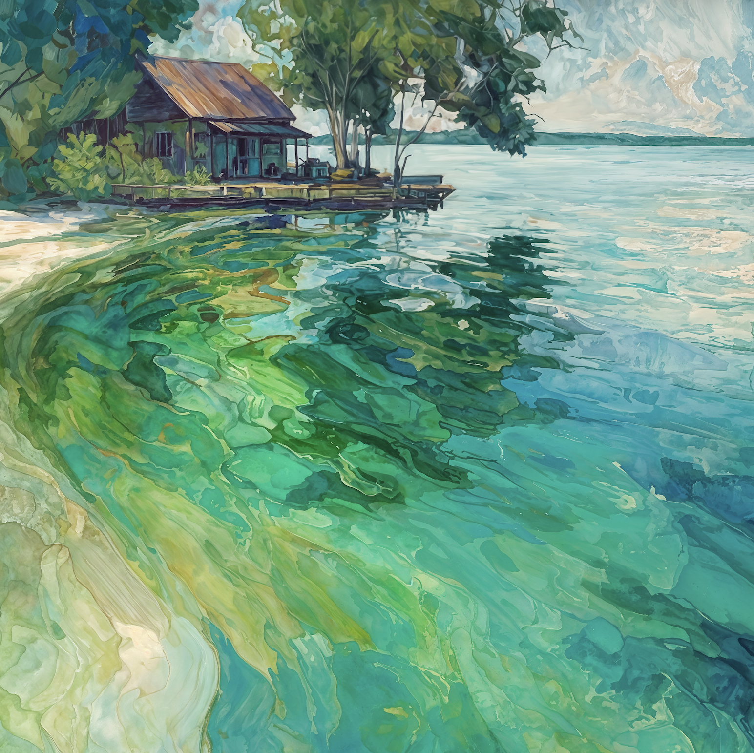 Cabin on Emerald Curve: Dreamy Lake Art in Luminous Green and Blue