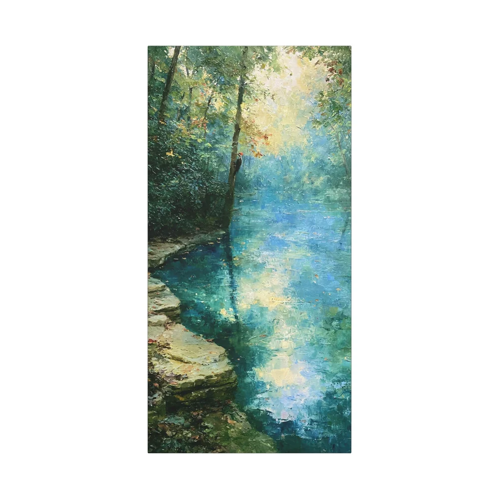 Freshwater wildlife canvas art with a woodpecker near water