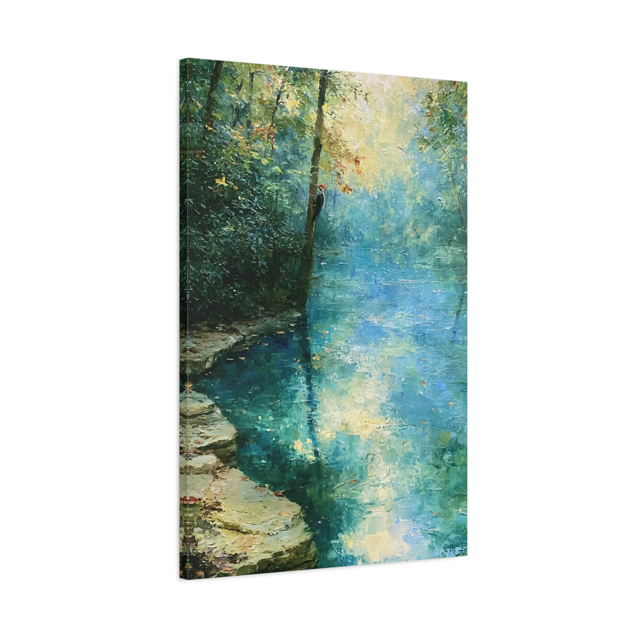 Blue Cove with Rising Light woodpecker freshwater wildlife canvas art