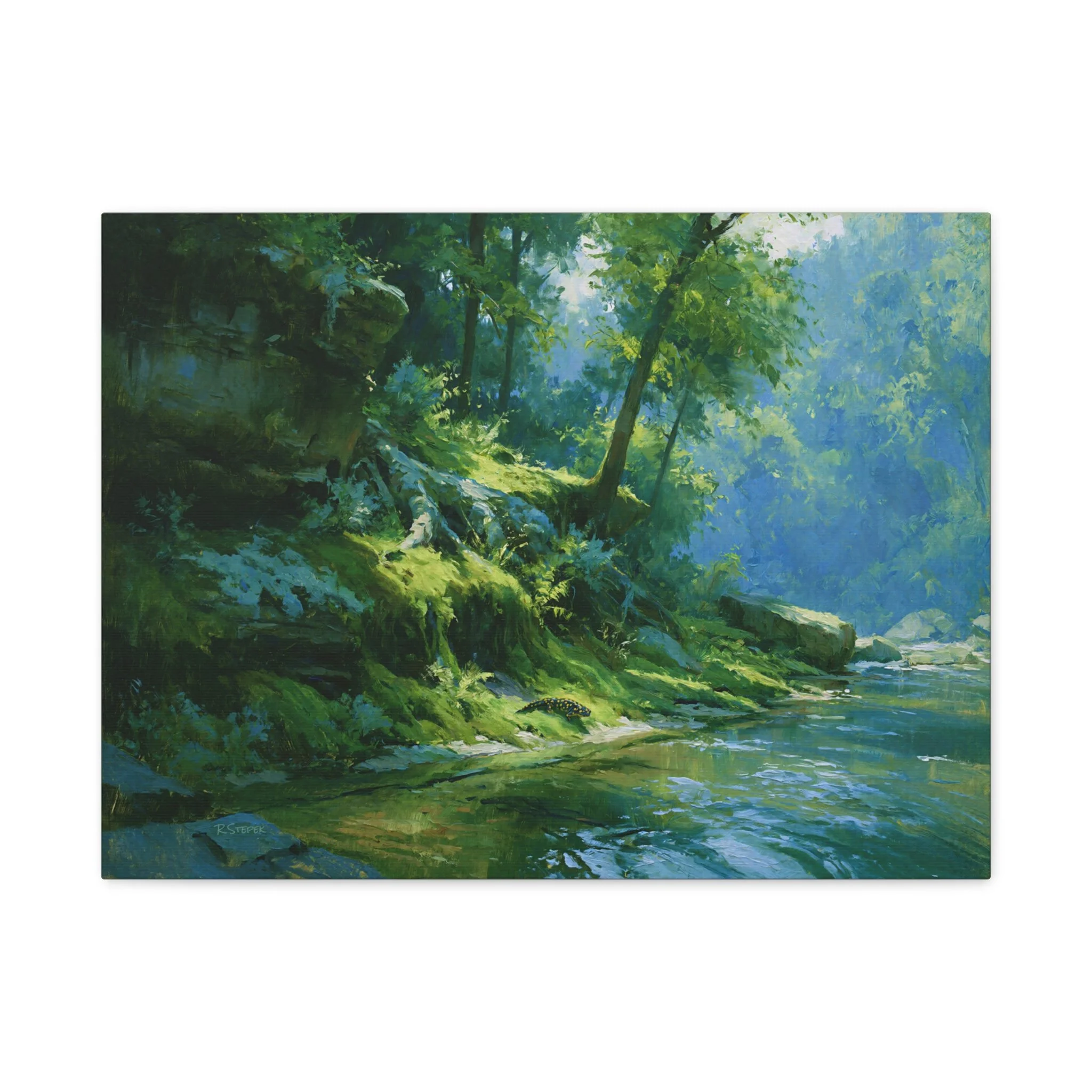 Green Bank in Blue Shade Kentucky-inspired freshwater lake art with moss and blue-green water