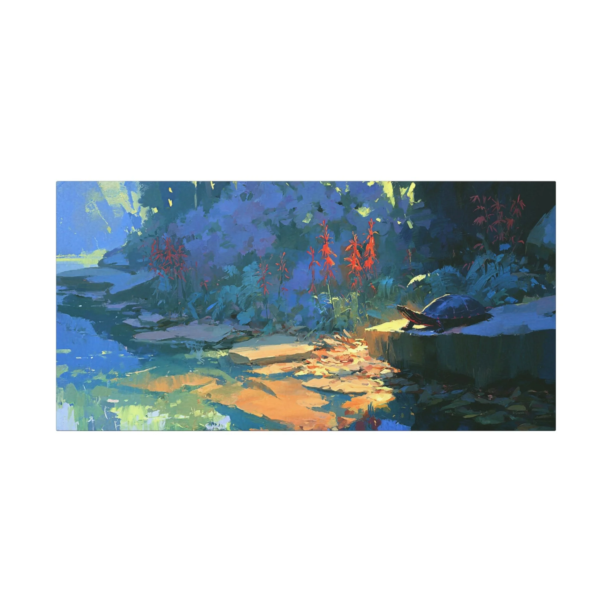 Cardinal flowers and turtle freshwater wildlife canvas art in shaded water
