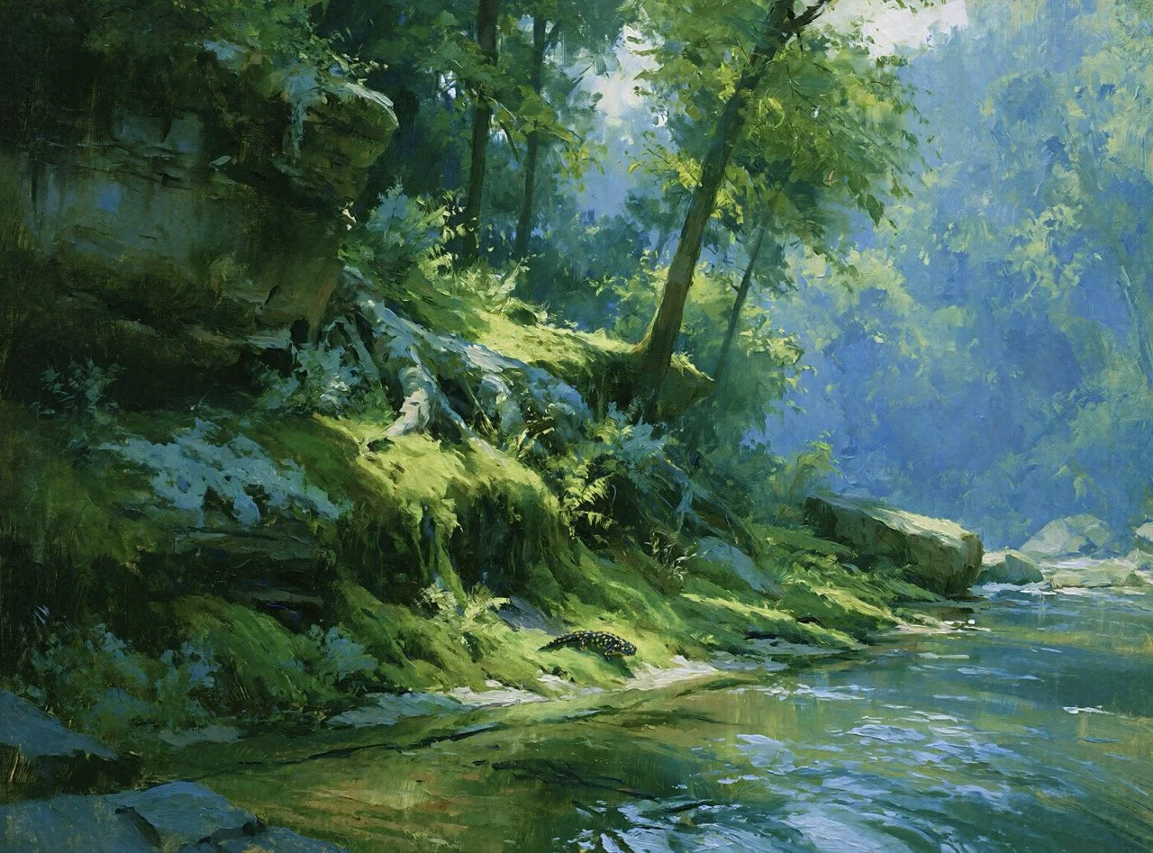 Green Bank in Blue Shade complete landscape artwork with a salamander