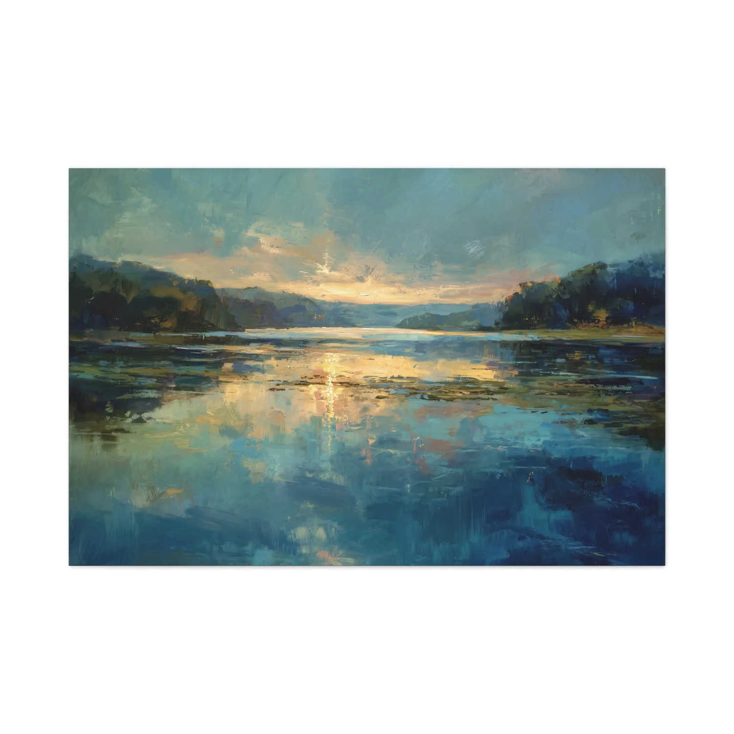 Blue-Gold Stillness reflected light lake canvas art