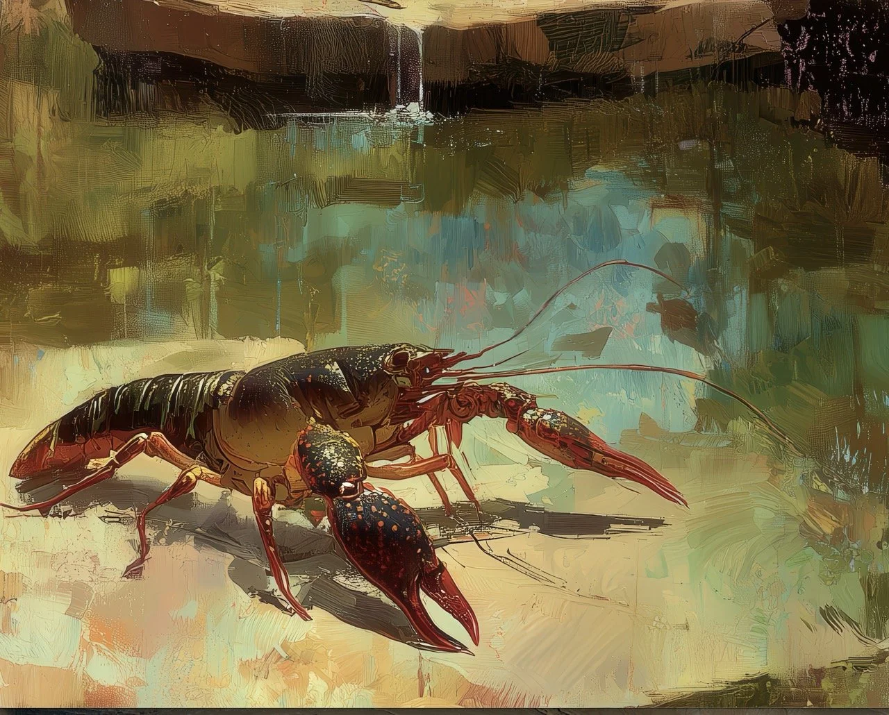 Close detail of Crawfish at the Water's Edge in olive, copper, and blue-green water