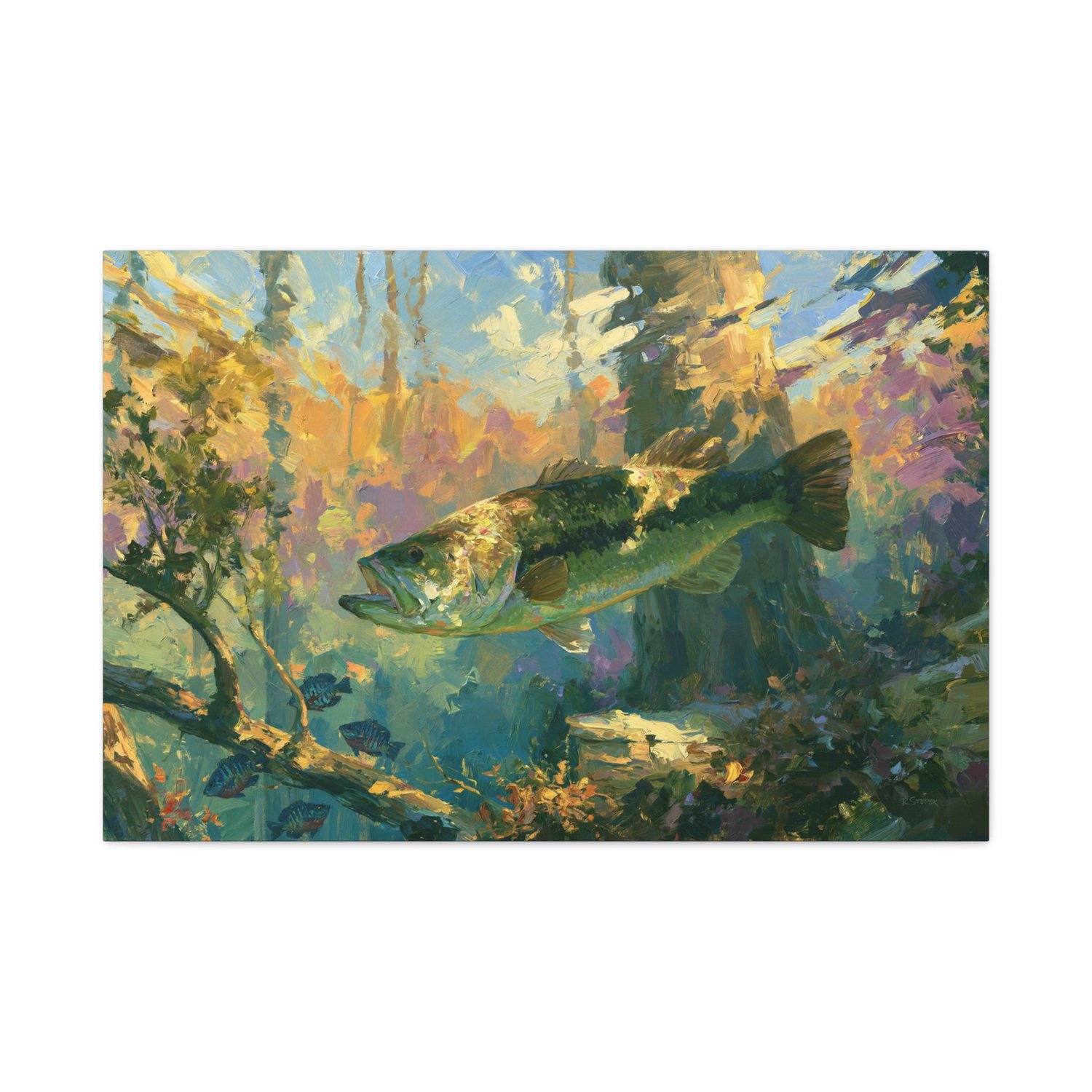 Largemouth bass freshwater wildlife canvas art in sunlit water