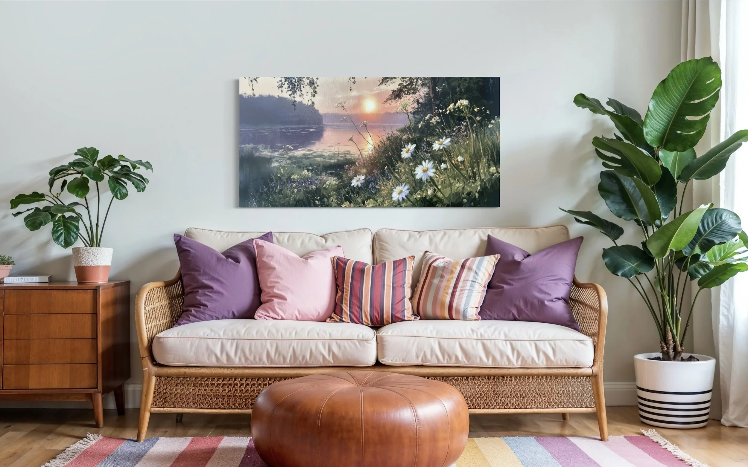 Ready-to-hang lake canvas print styled over a sofa in a bright rental living room