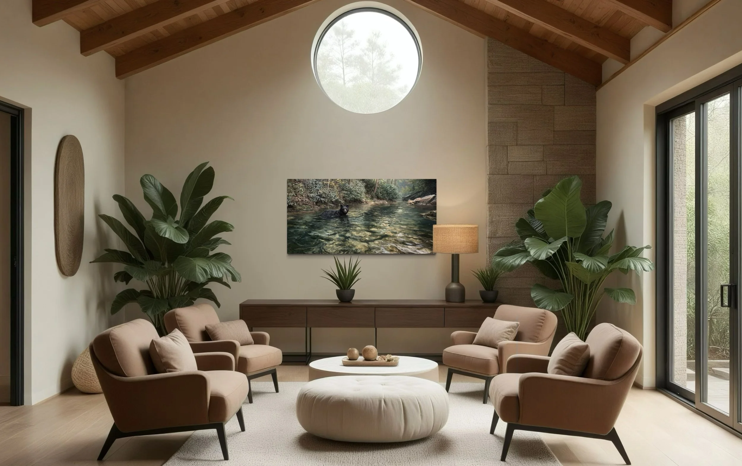 Lake wildlife canvas artwork styled in a bright vacation rental living room