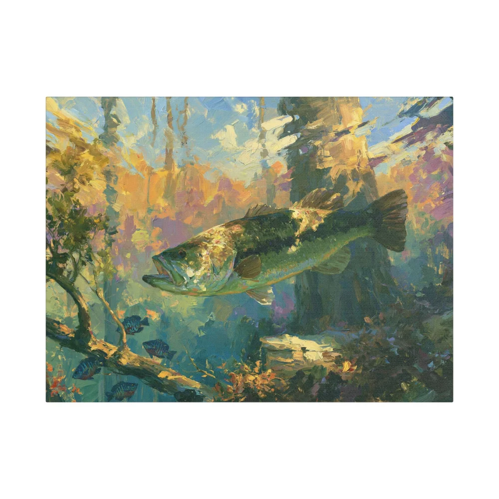 Largemouth bass in sunlit lake water canvas print