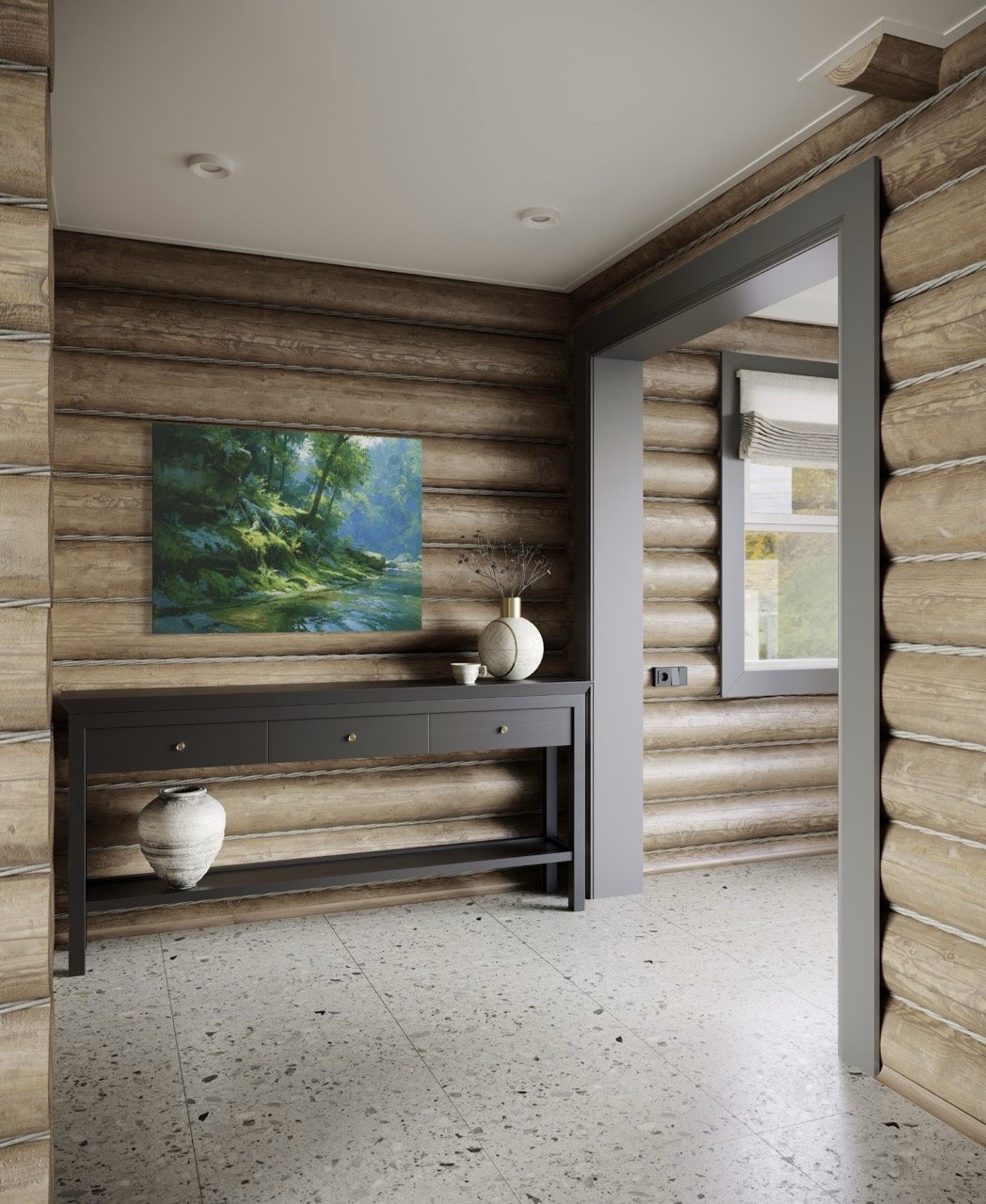 Green Bank in Blue Shade gallery-wrapped Canvas shown in a quiet cabin passage