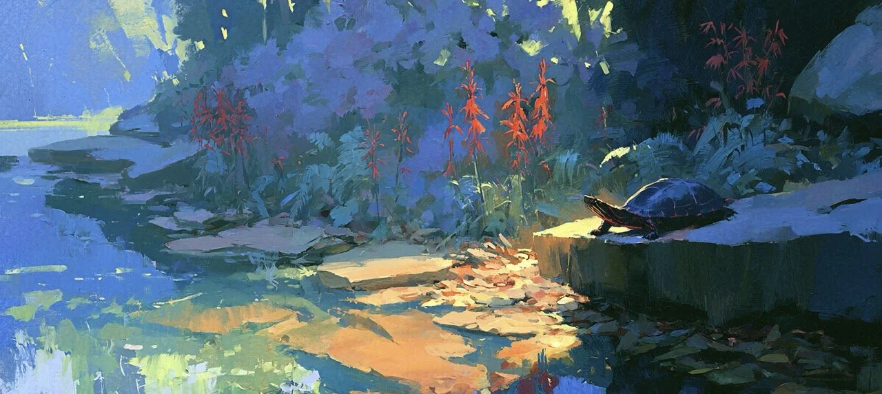 Cardinal flowers and turtle in shade wide freshwater wildlife artwork