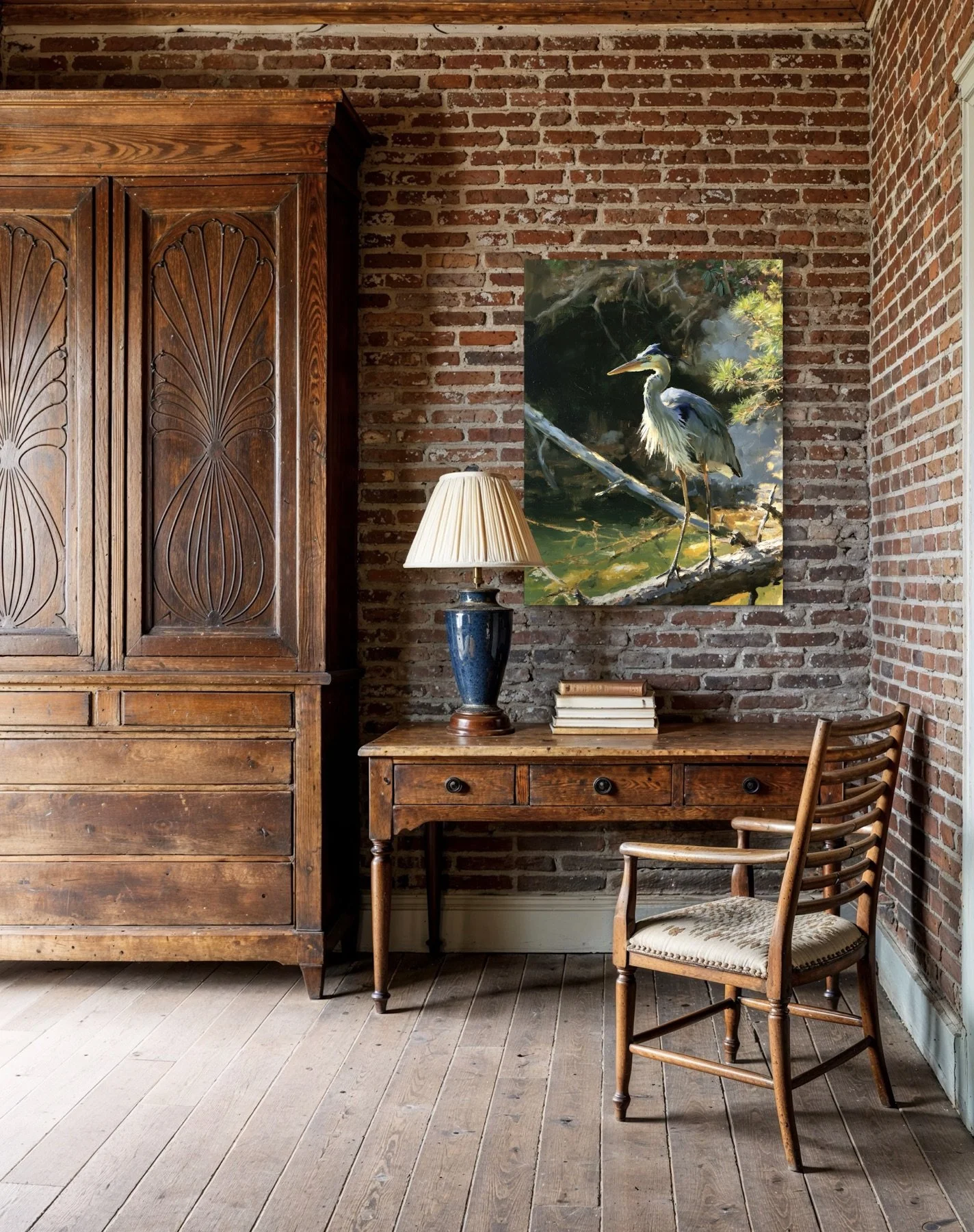 Great Blue Heron on Lake Keowee canvas print styled on a brick wall in a warm wood room