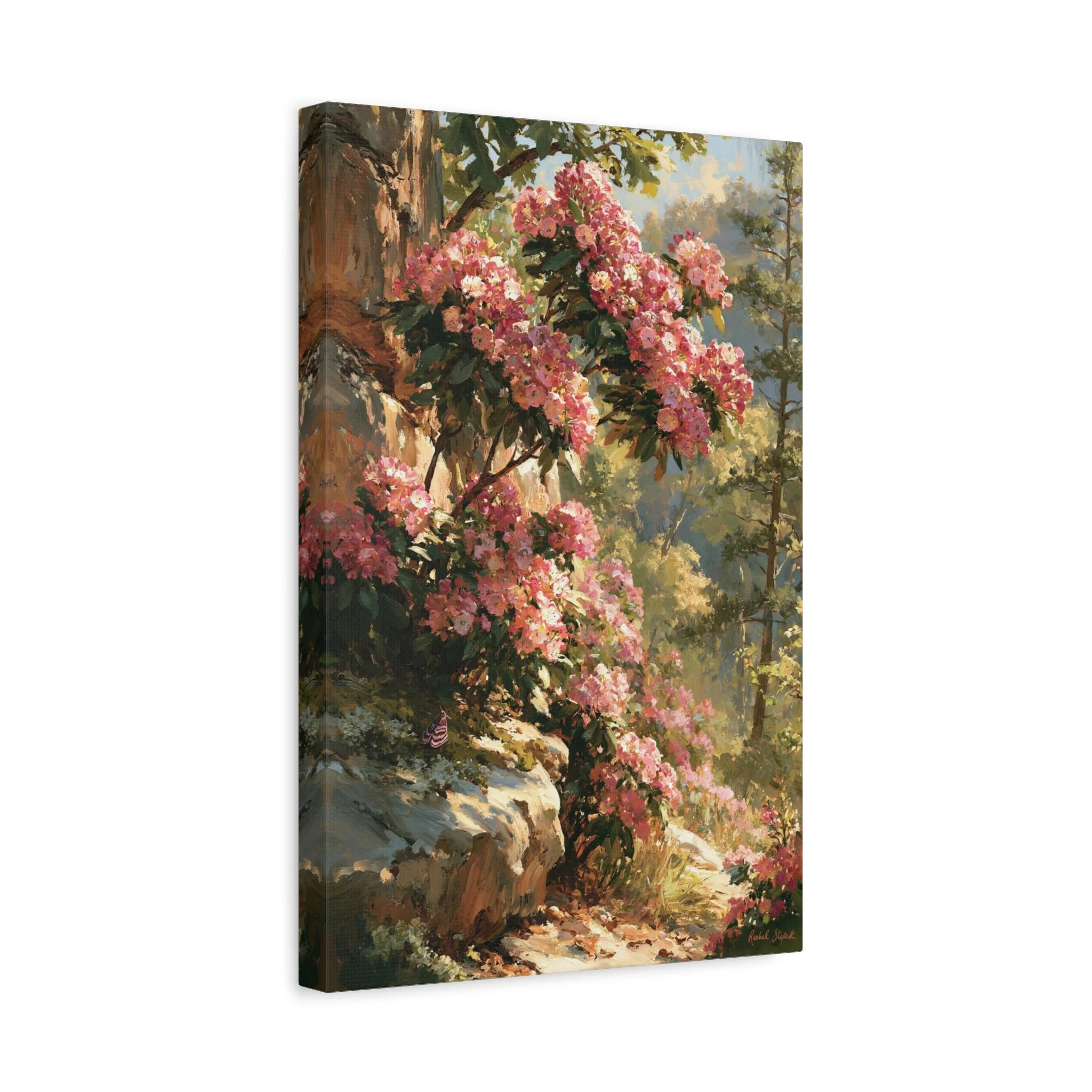 Angled side view of Mountain Laurel on Sandstone Ridge matte canvas print showing the gallery-wrapped edge