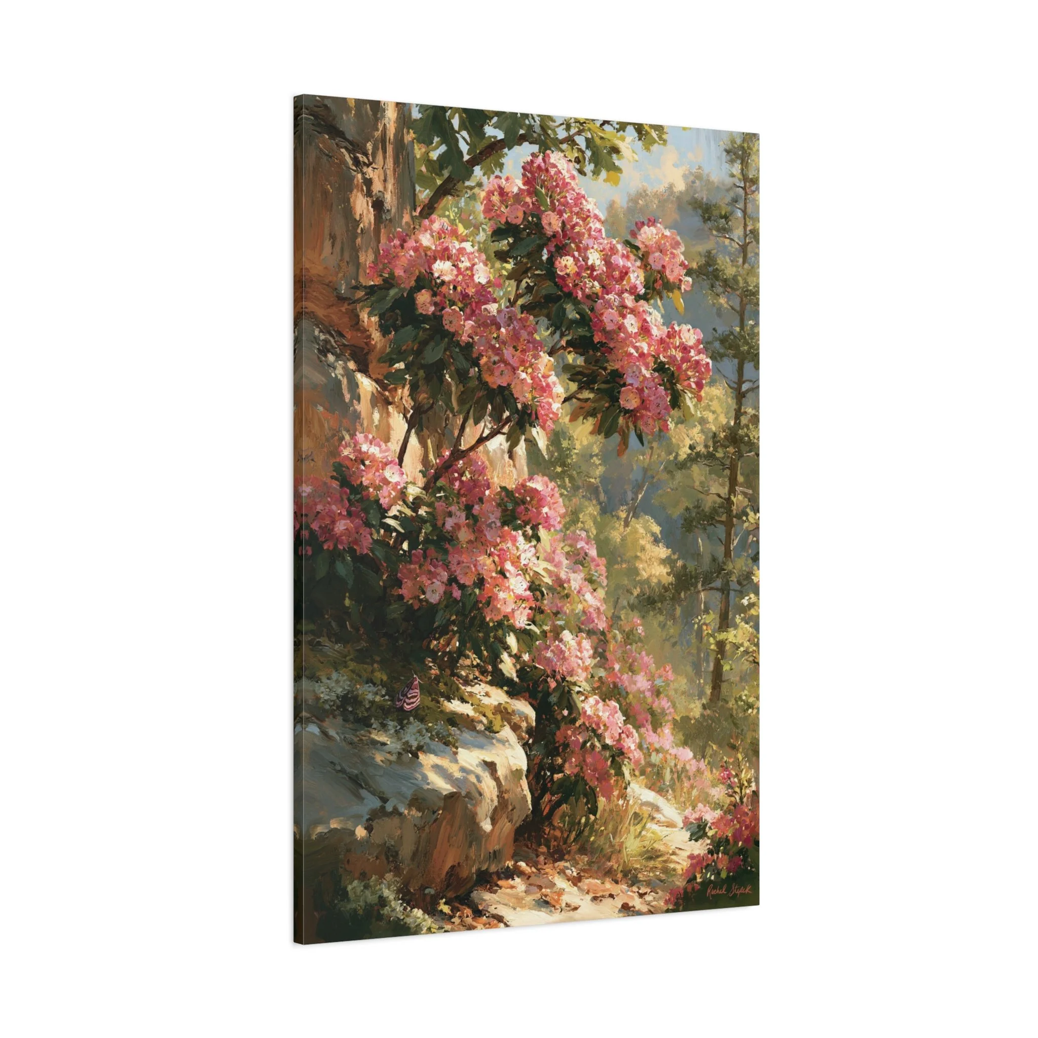 Angled side view of Mountain Laurel on Sandstone Ridge matte canvas print showing the gallery-wrapped edge