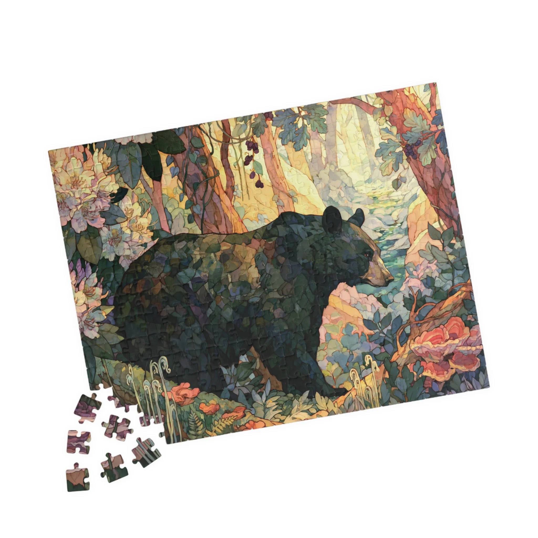 Black Bear Forest jigsaw puzzle with a black bear in warm Appalachian woodland, rhododendron, moss, fungi, and forest plants
