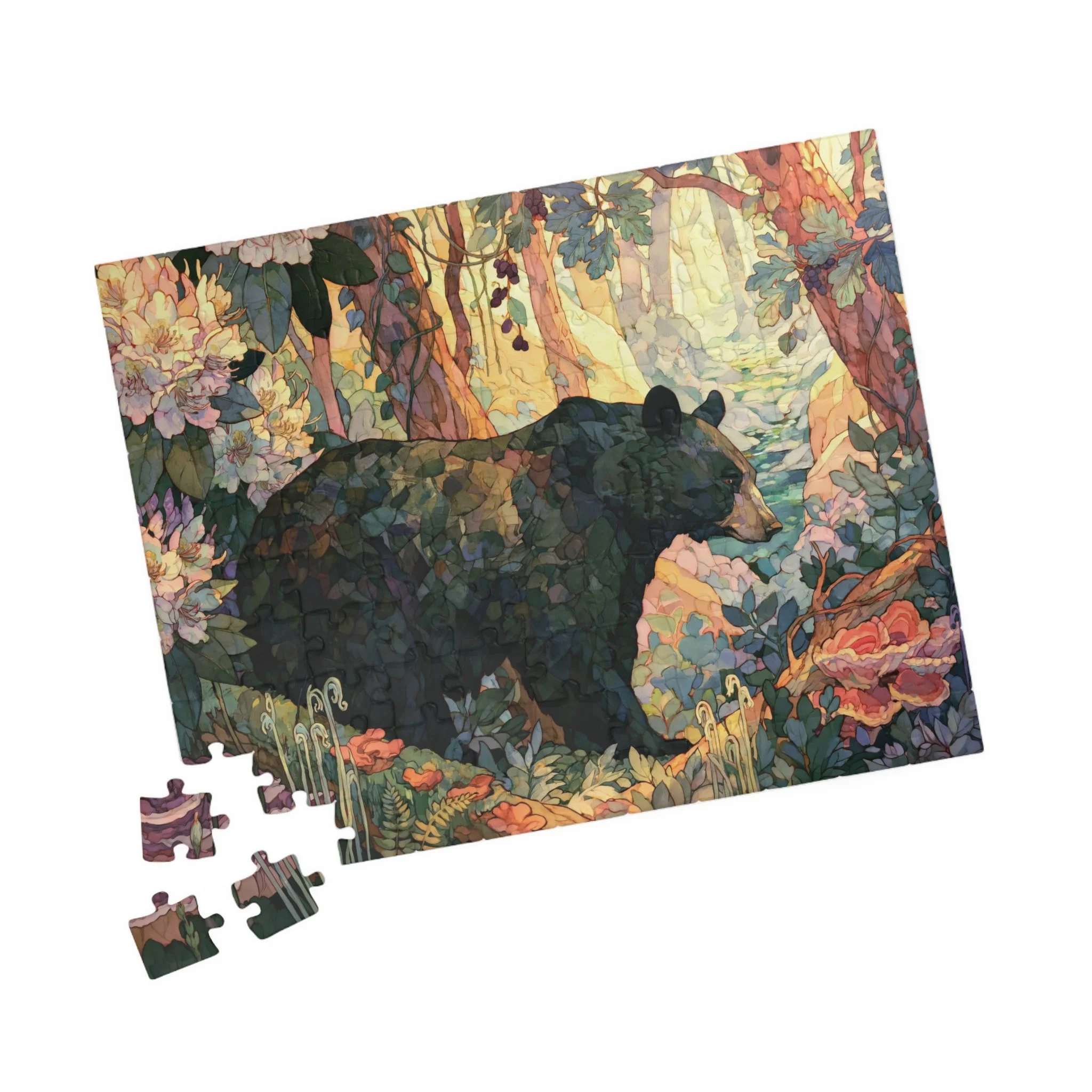 Black Bear Forest jigsaw puzzle with a black bear in warm Appalachian woodland, rhododendron, moss, fungi, and forest plants