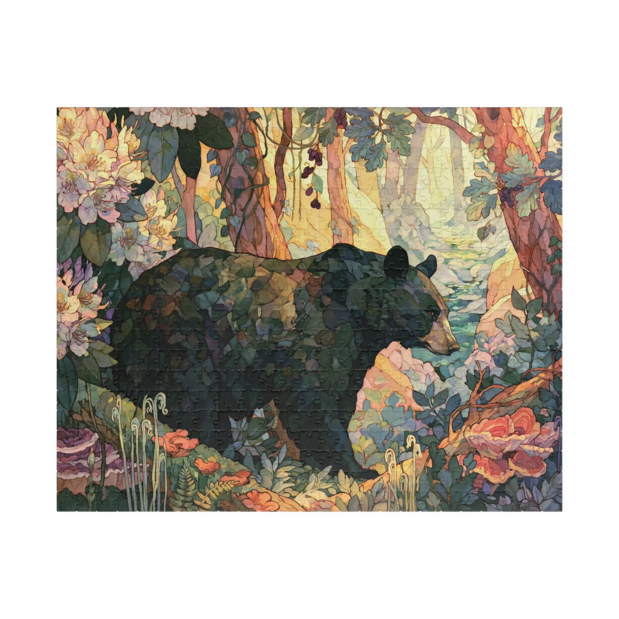 Black Bear Forest jigsaw puzzle with a black bear in warm Appalachian woodland, rhododendron, moss, fungi, and forest plants