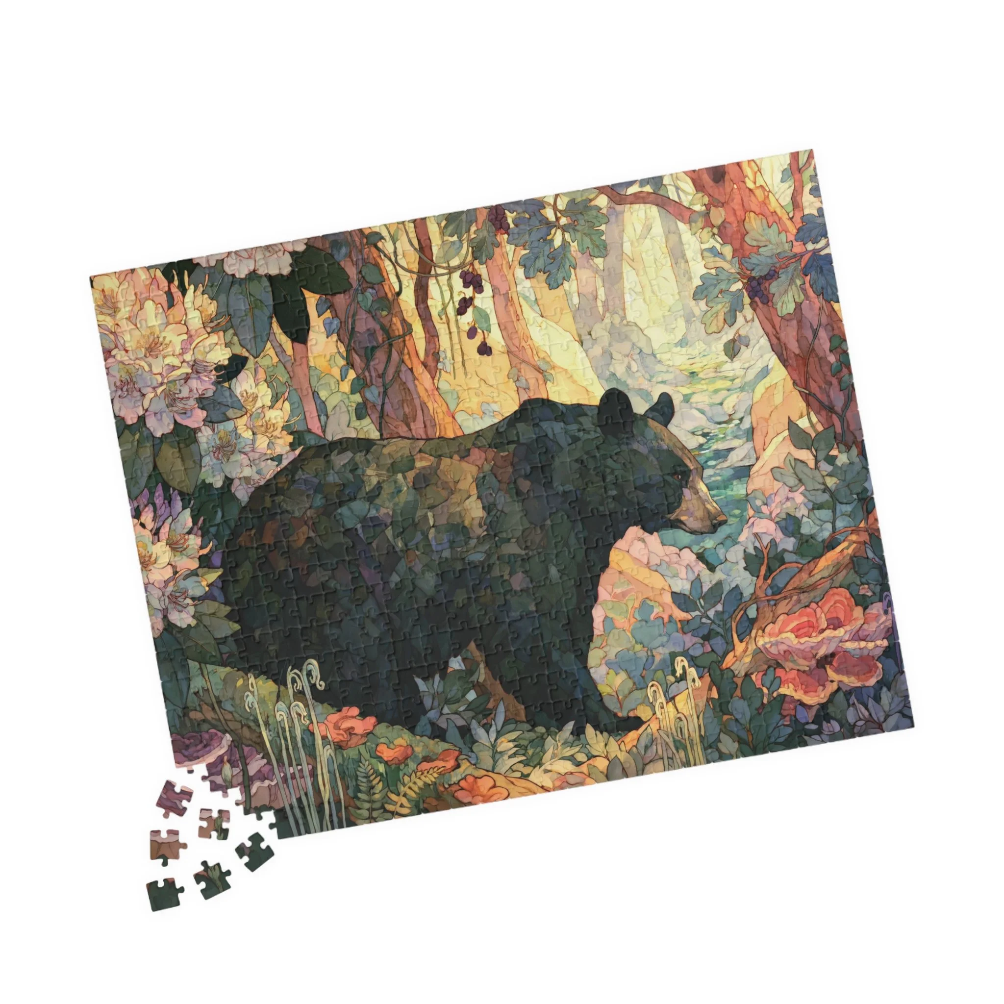 Black Bear Forest jigsaw puzzle with a black bear in warm Appalachian woodland, rhododendron, moss, fungi, and forest plants
