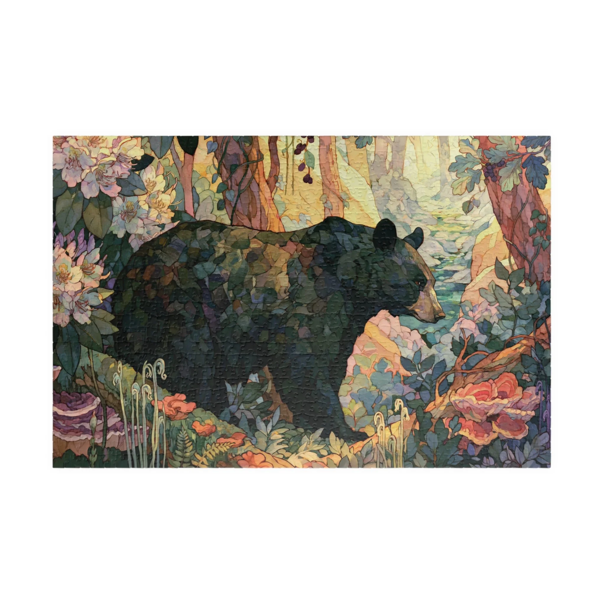 Black Bear Forest jigsaw puzzle with a black bear in warm Appalachian woodland, rhododendron, moss, fungi, and forest plants