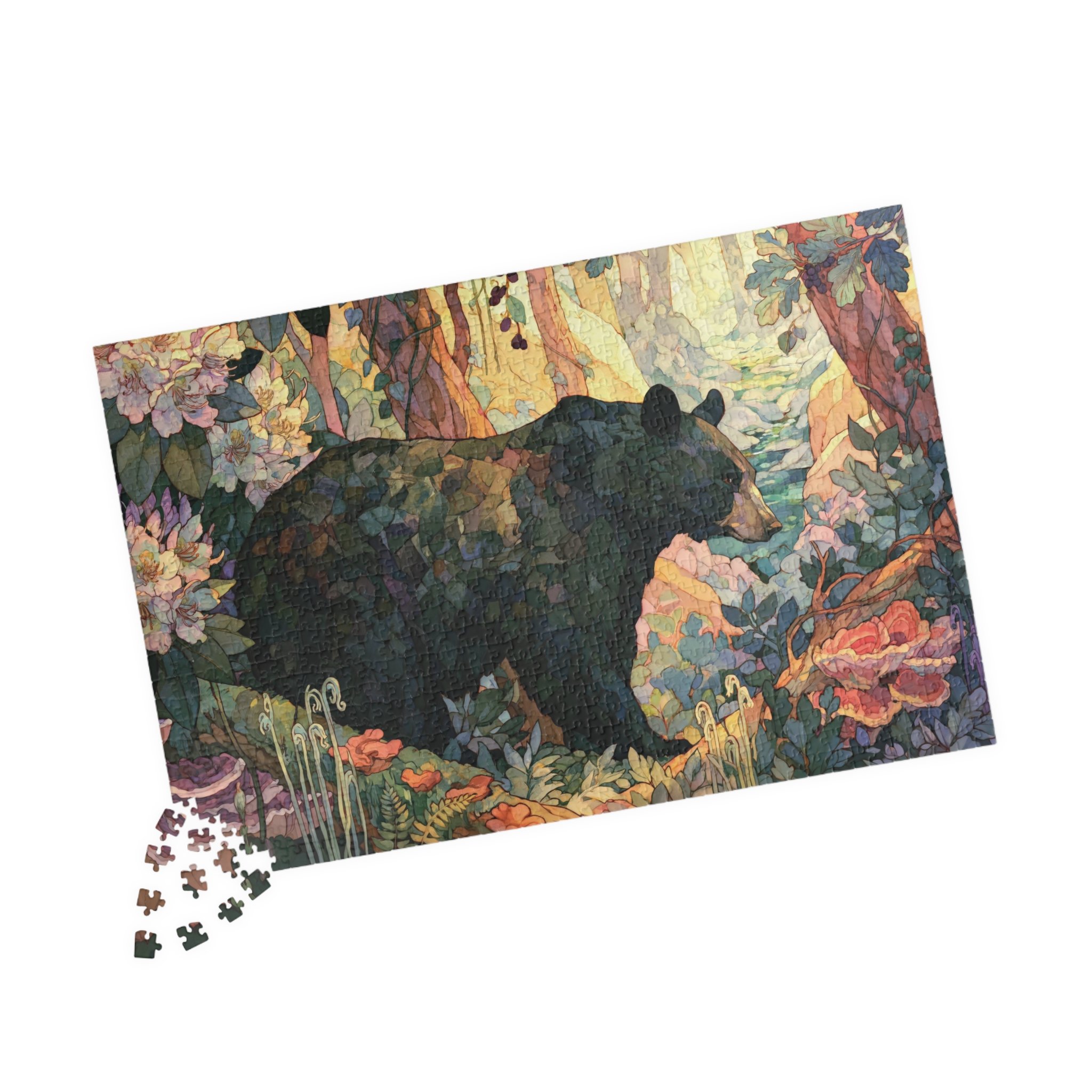 Black Bear Forest jigsaw puzzle with a black bear in warm Appalachian woodland, rhododendron, moss, fungi, and forest plants
