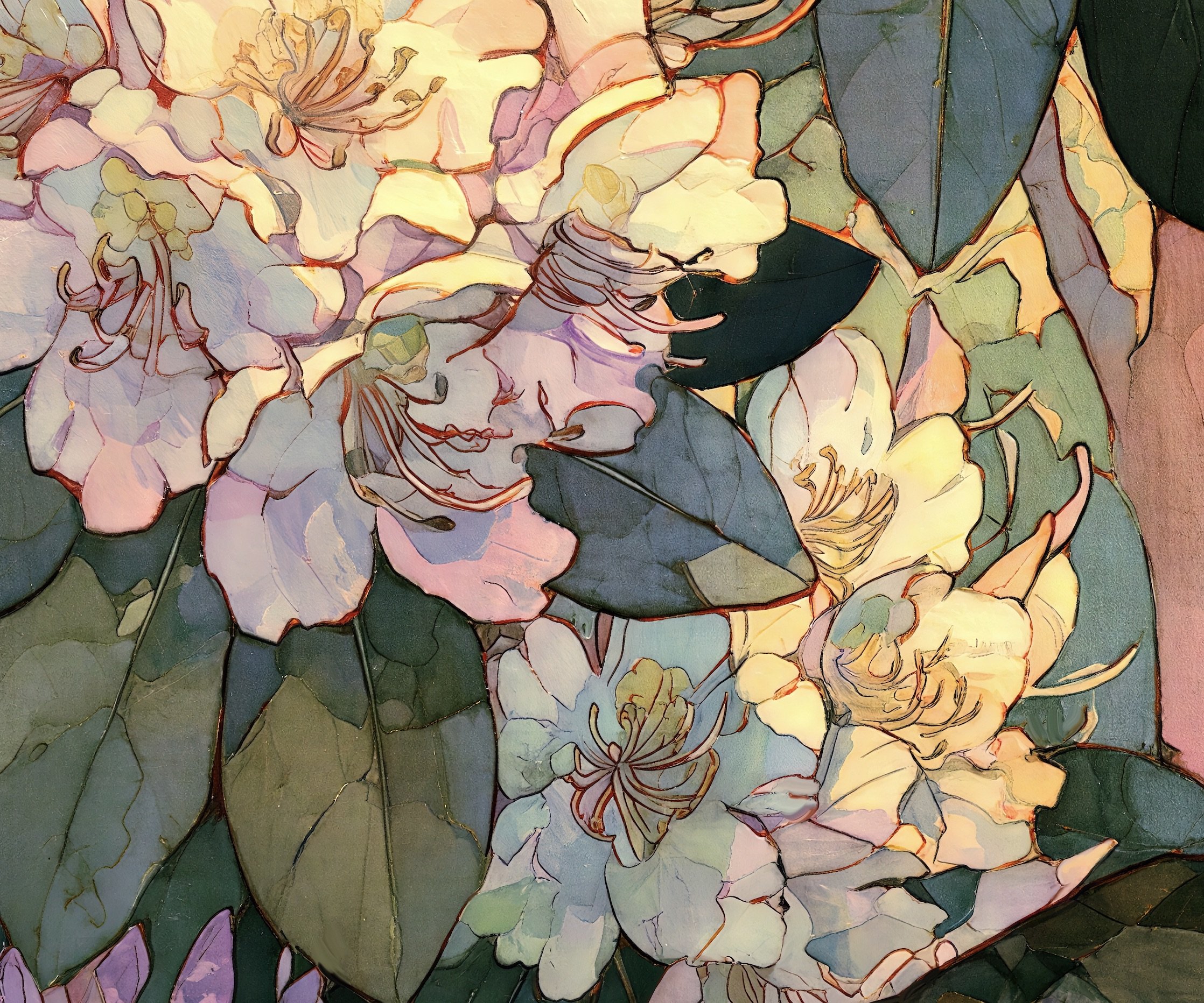 Detail of rhododendron blooms, leaves, and warm forest color from Black Bear Forest