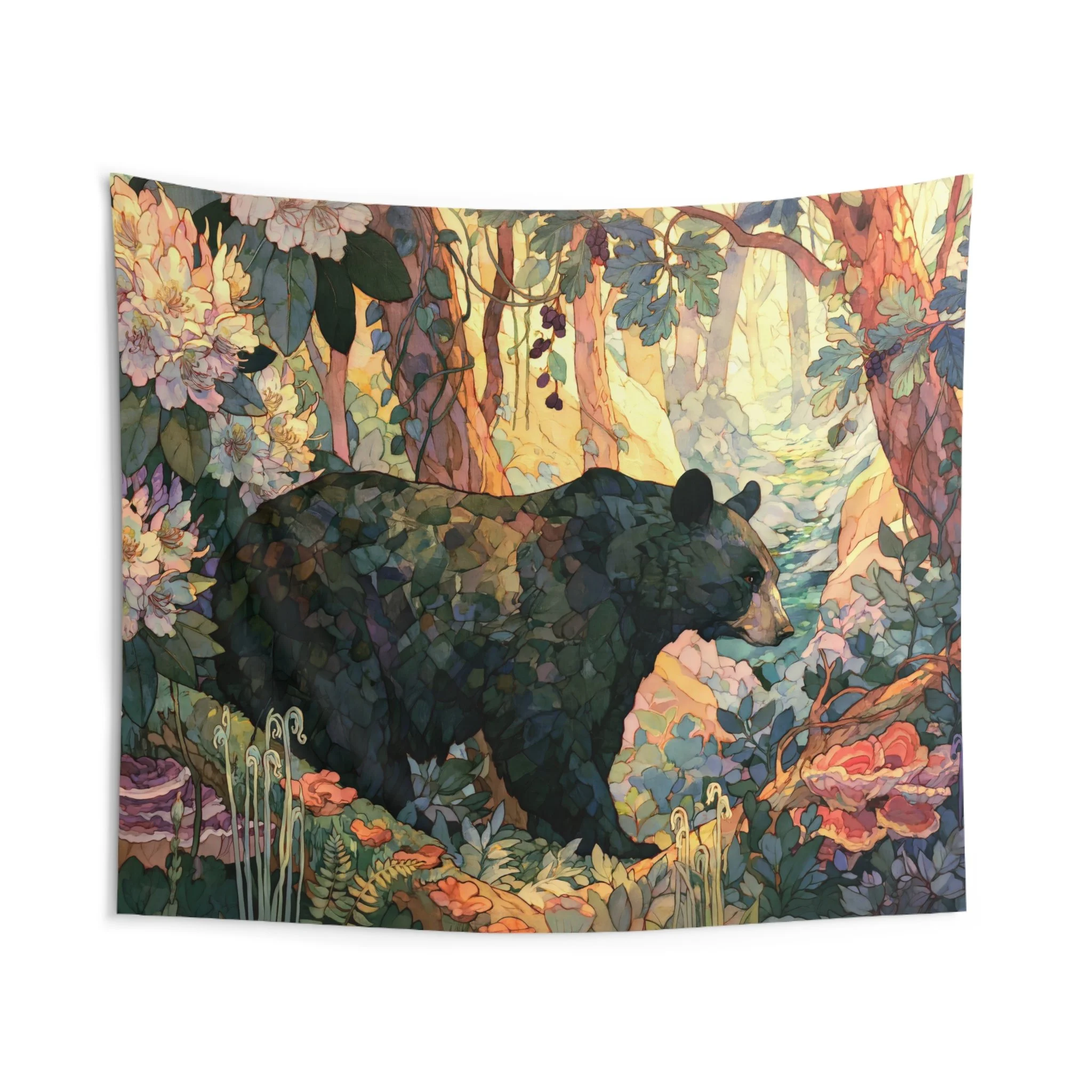 Black Bear Forest tapestry with a bear moving through warm Appalachian woodland, rhododendron, moss, fungi, and forest plants