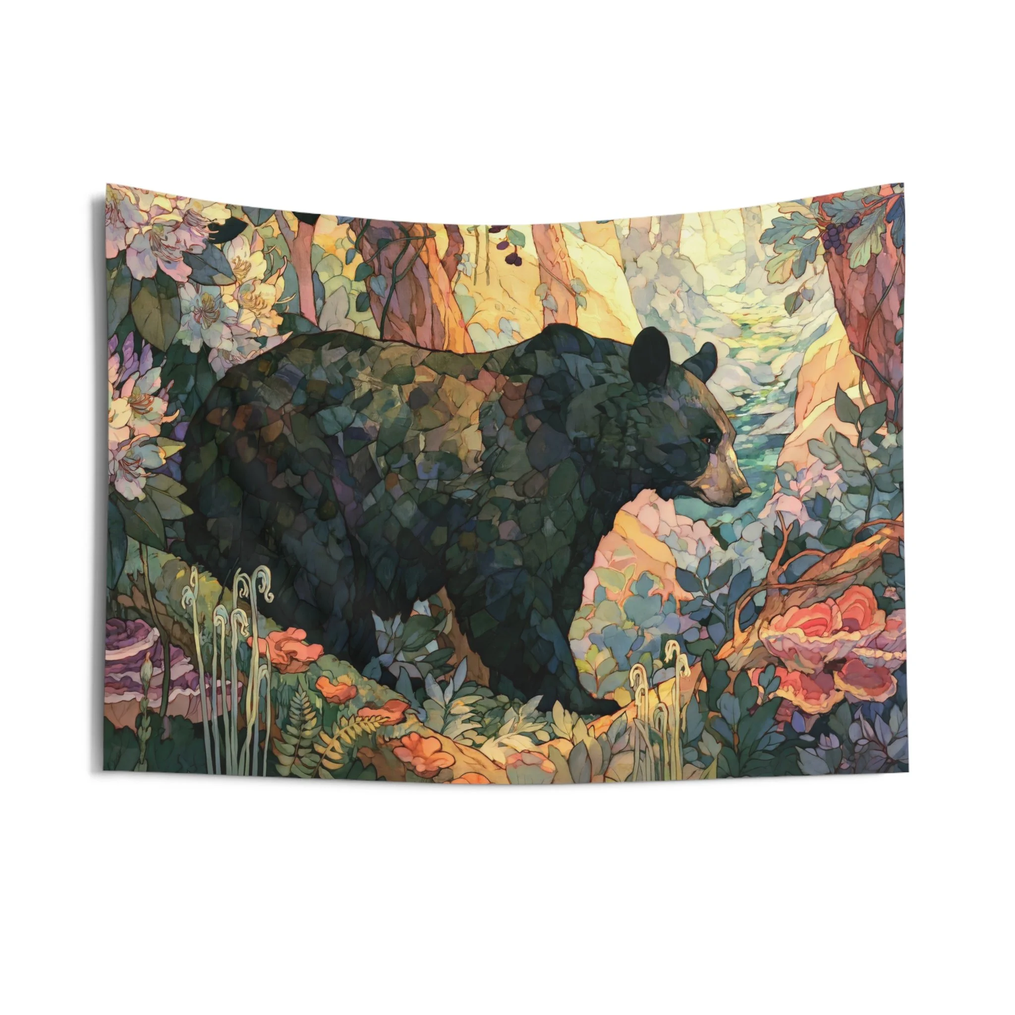 Black Bear Forest tapestry with a bear moving through warm Appalachian woodland, rhododendron, moss, fungi, and forest plants