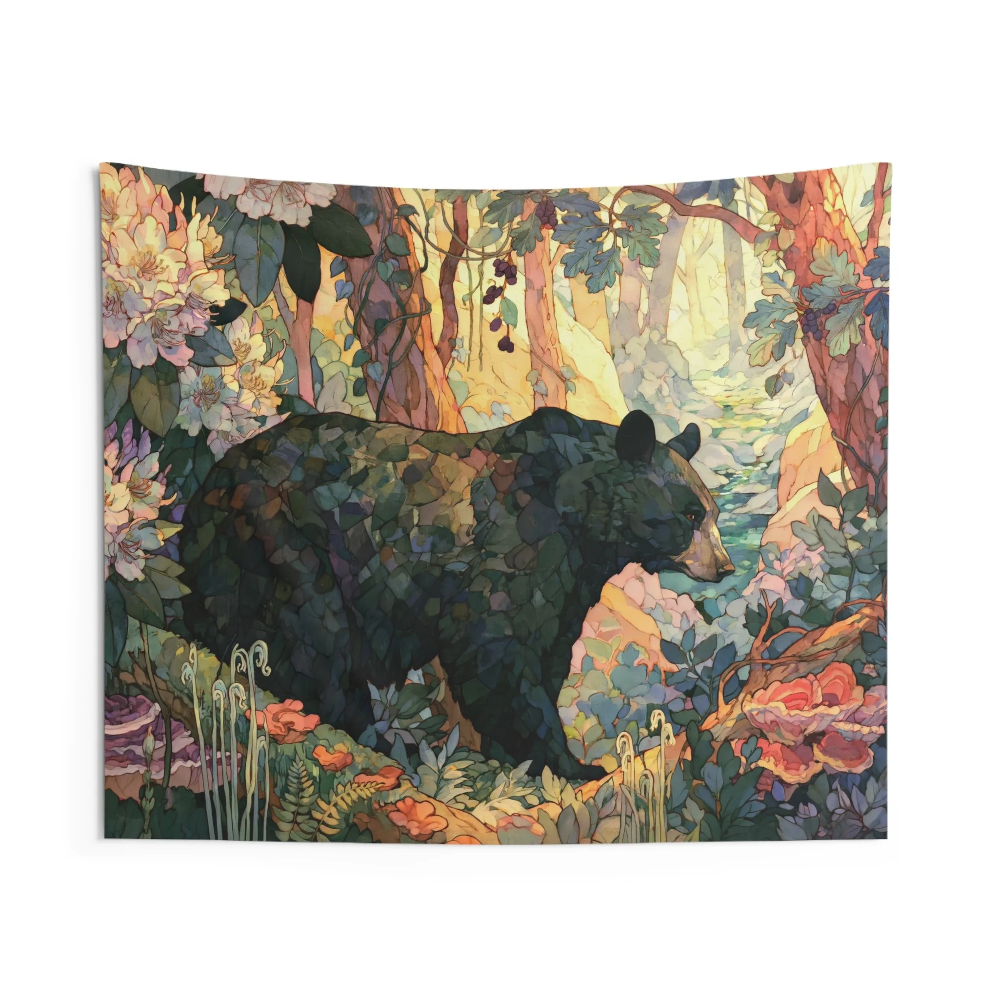 Black Bear Forest tapestry with a bear moving through warm Appalachian woodland, rhododendron, moss, fungi, and forest plants