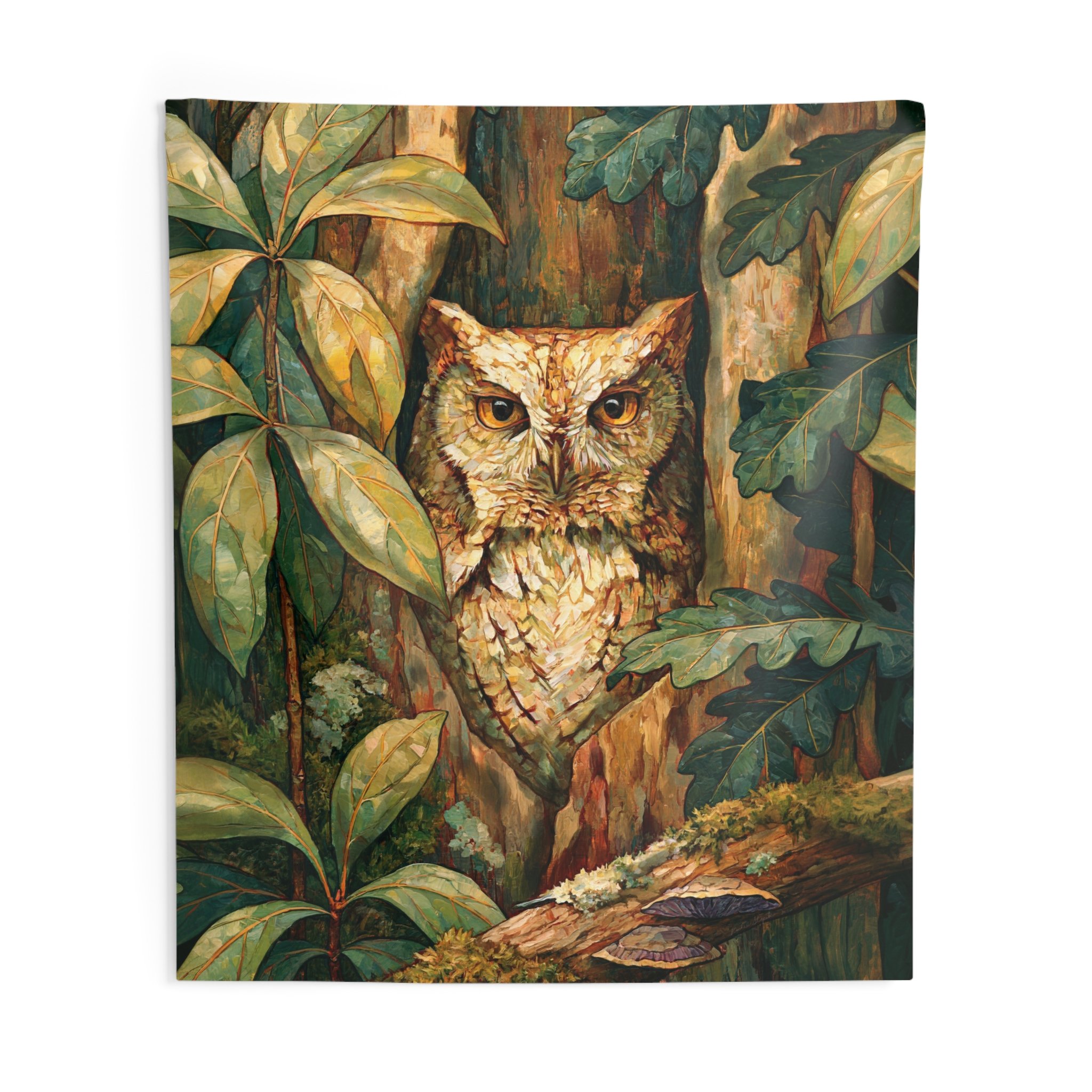 Eastern Screech Owl woodland tapestry with an owl in a tree hollow, oak leaves, moss, bark, fungi, and warm Appalachian forest light