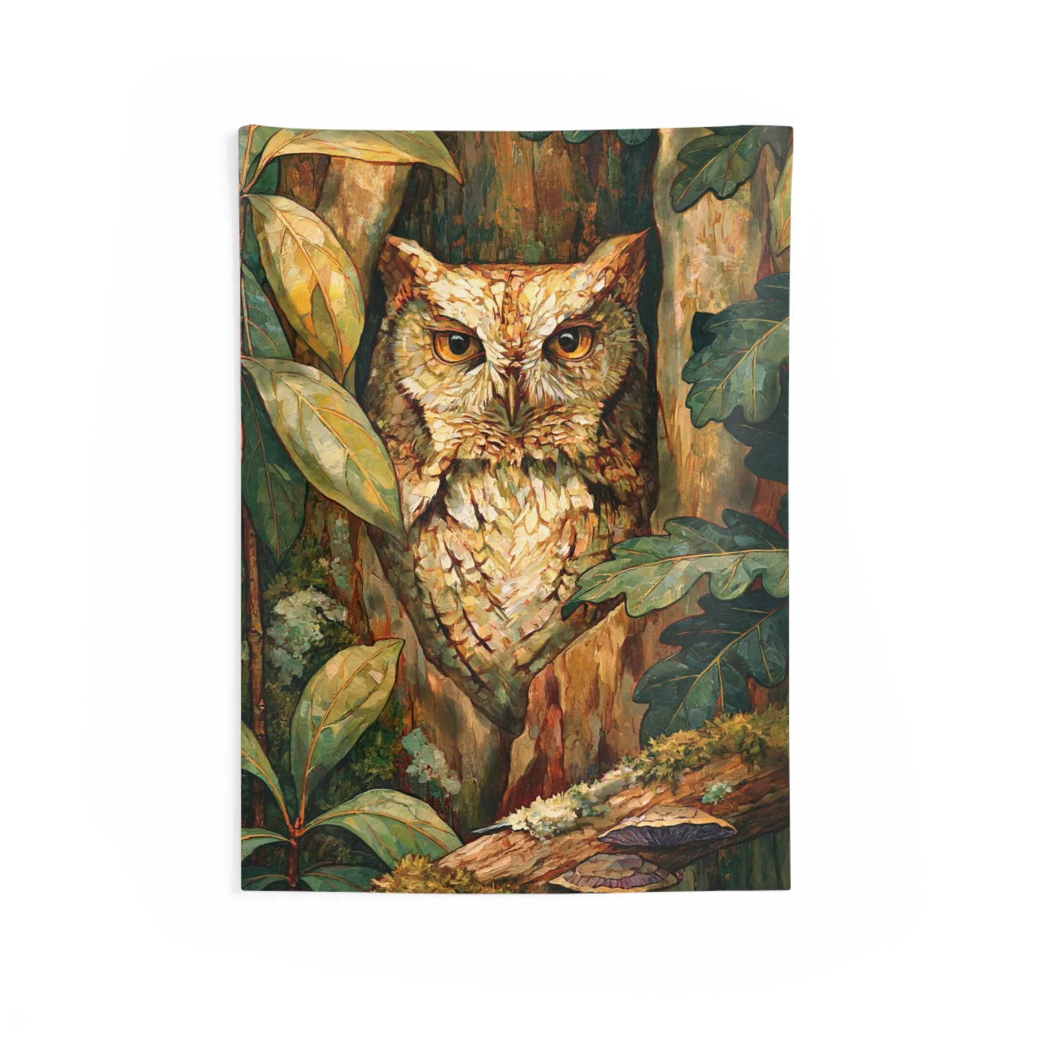 Eastern Screech Owl woodland tapestry with an owl in a tree hollow, oak leaves, moss, bark, fungi, and warm Appalachian forest light