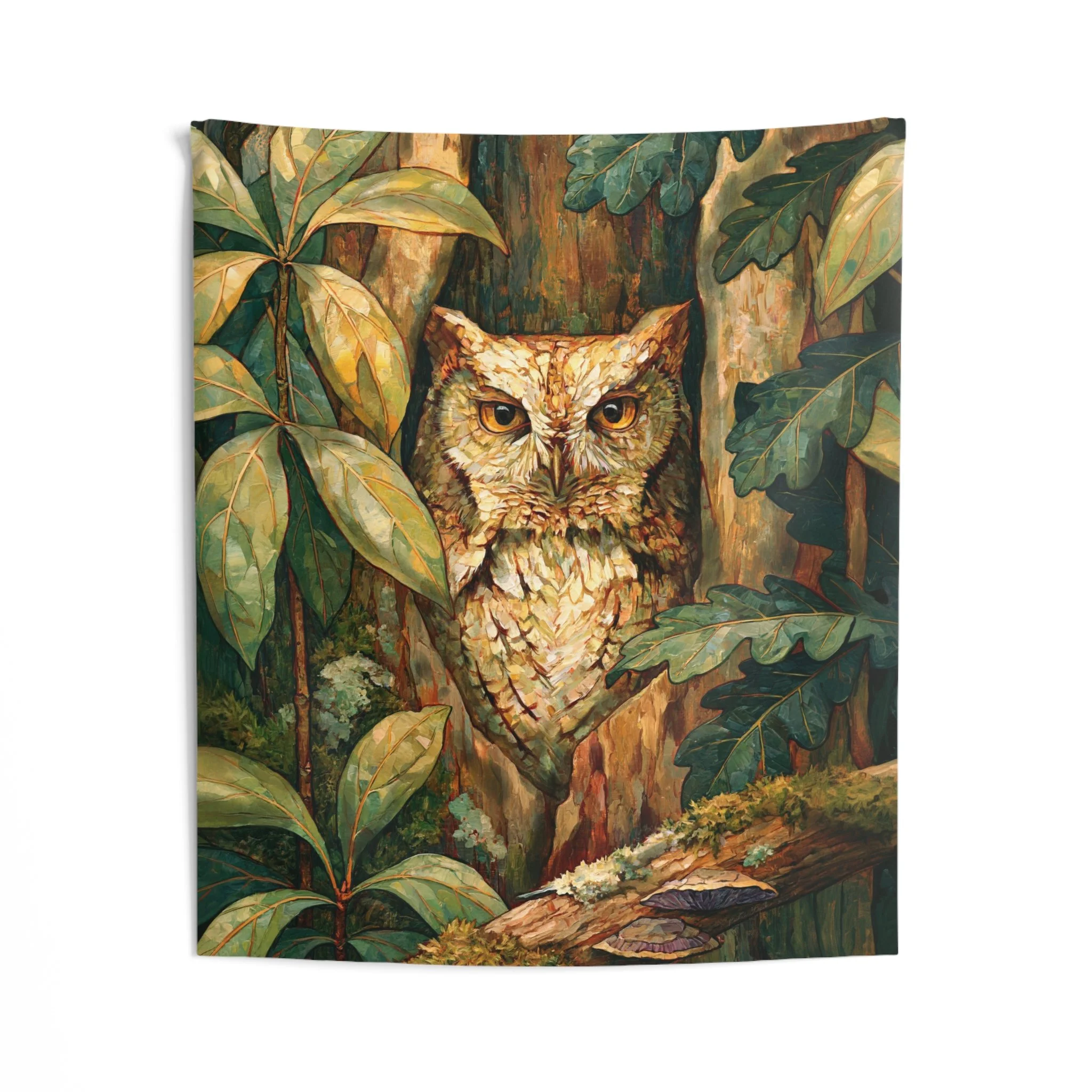 Eastern Screech Owl woodland tapestry with an owl in a tree hollow, oak leaves, moss, bark, fungi, and warm Appalachian forest light