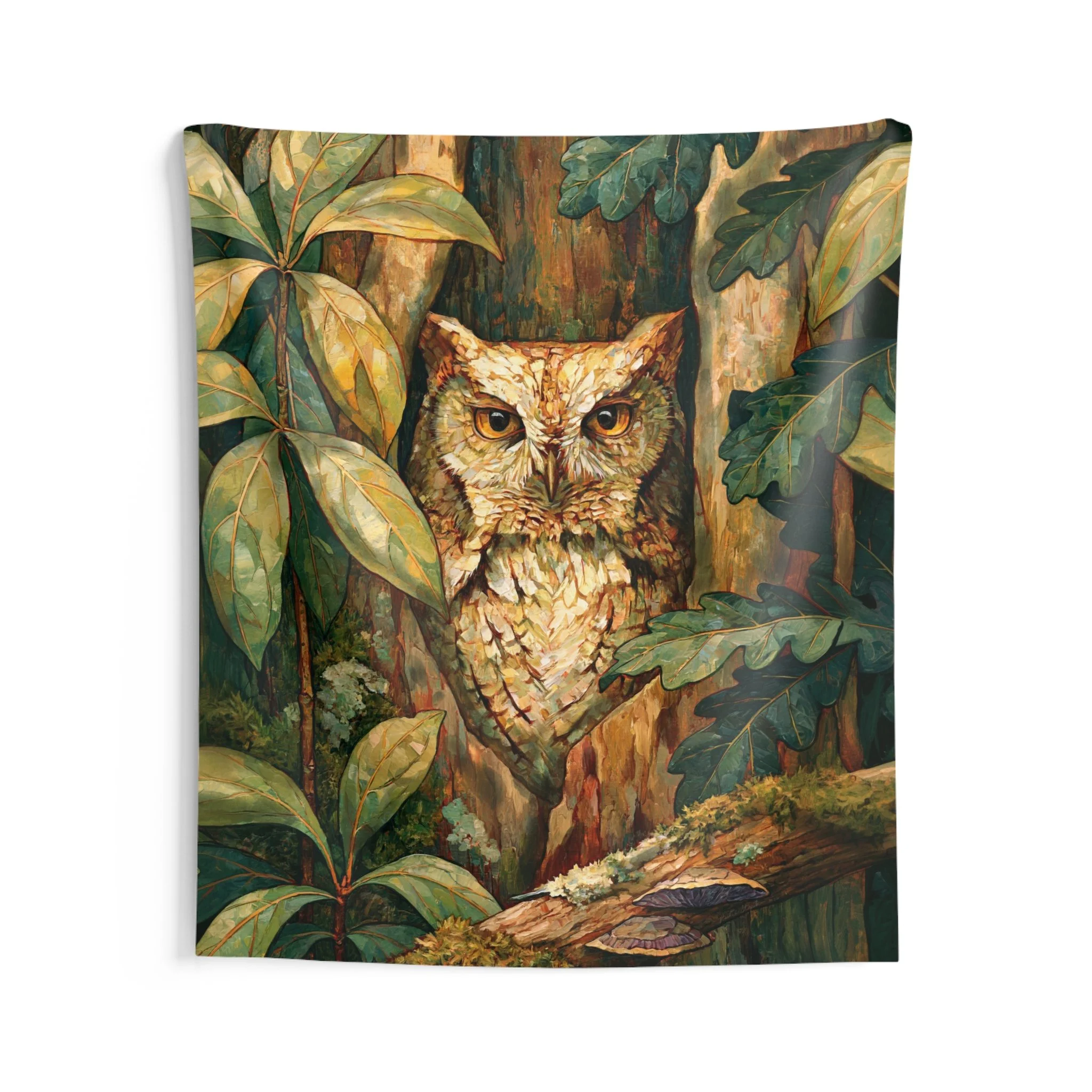 Eastern Screech Owl woodland tapestry with an owl in a tree hollow, oak leaves, moss, bark, fungi, and warm Appalachian forest light
