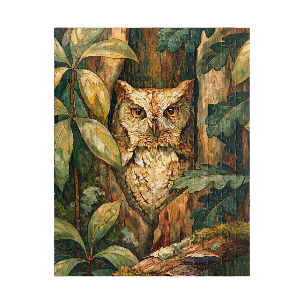 Complete Eastern Screech Owl in the Forest Hollow vertical jigsaw puzzle shown against a clean white background
