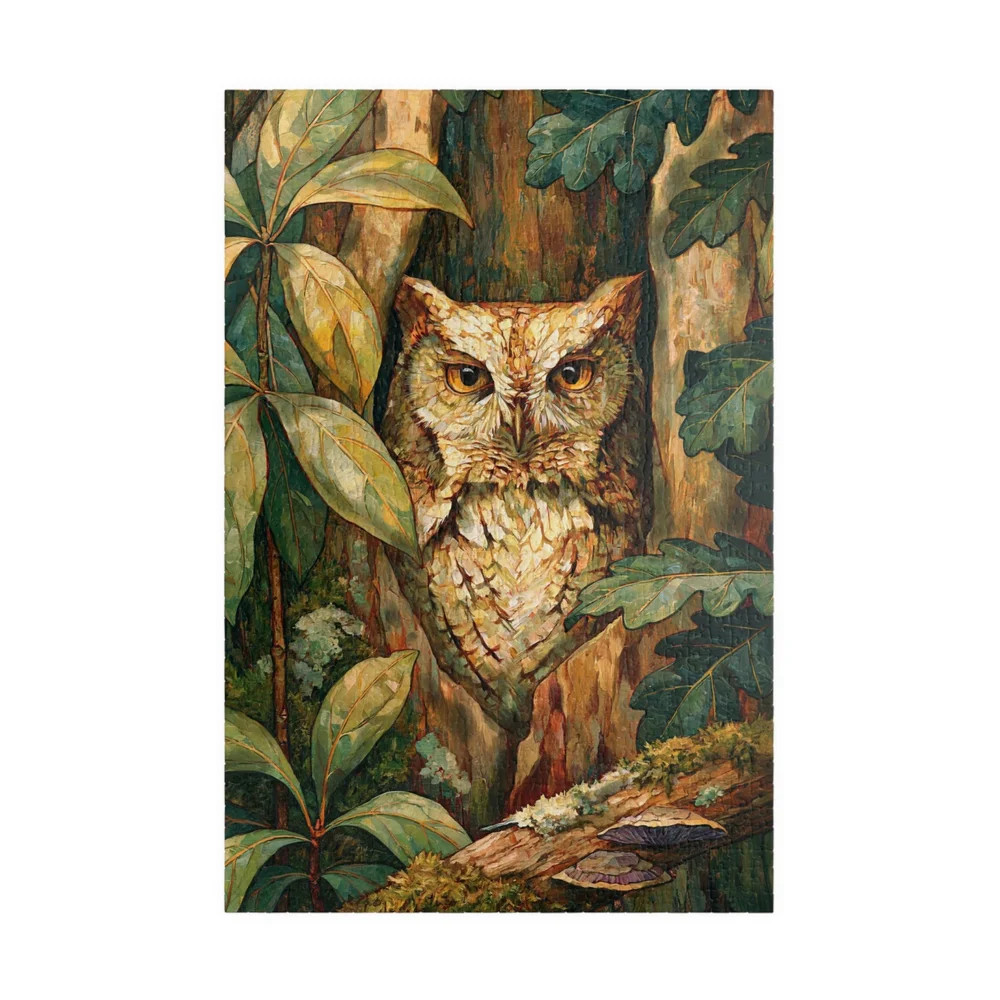 Close view of the Eastern Screech Owl face, dark hollow and ochre bark on the puzzle