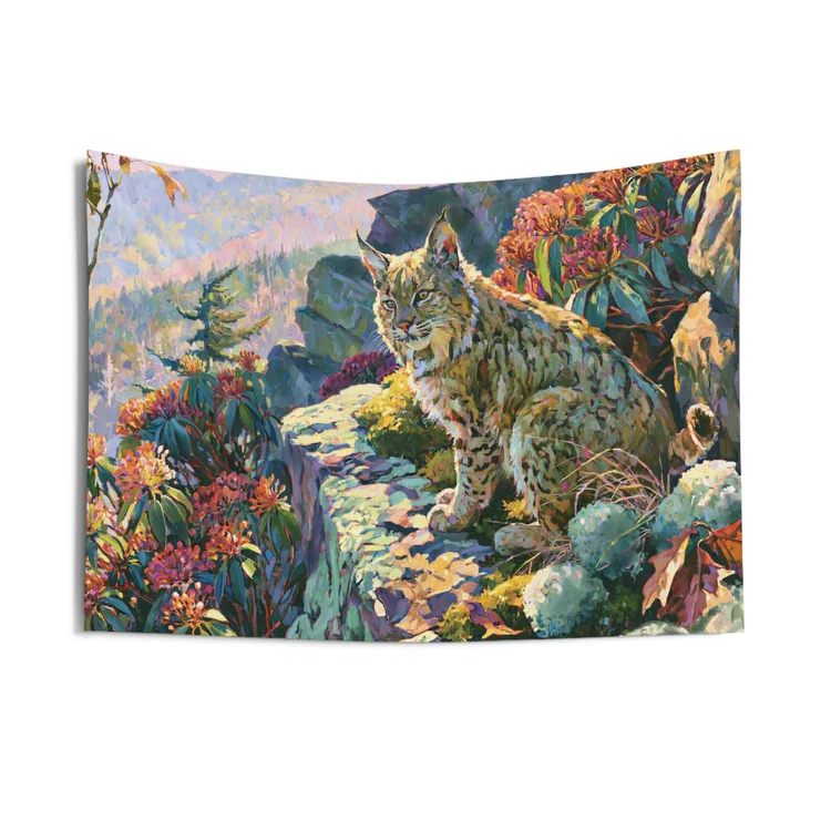 Wildcat Above the Gorge Appalachian bobcat wall tapestry