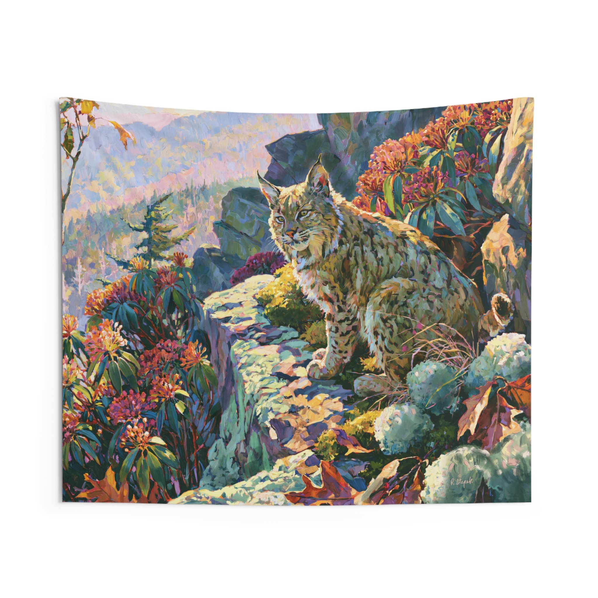 Wildcat Above the Gorge tapestry with an Appalachian bobcat on a sandstone ledge, mountain laurel, moss, lichen, and blue gorge light