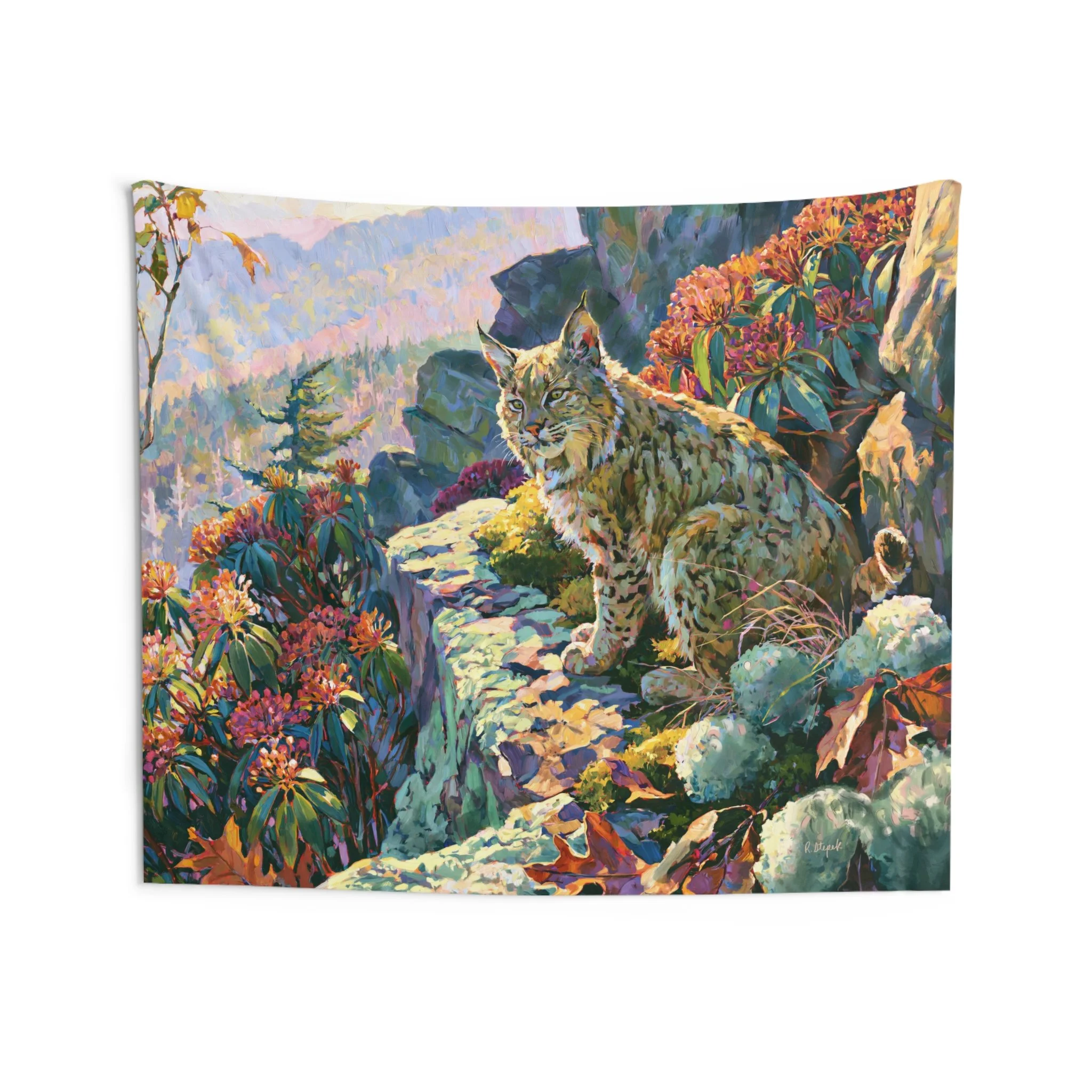 Wildcat Above the Gorge tapestry with an Appalachian bobcat on a sandstone ledge, mountain laurel, moss, lichen, and blue gorge light