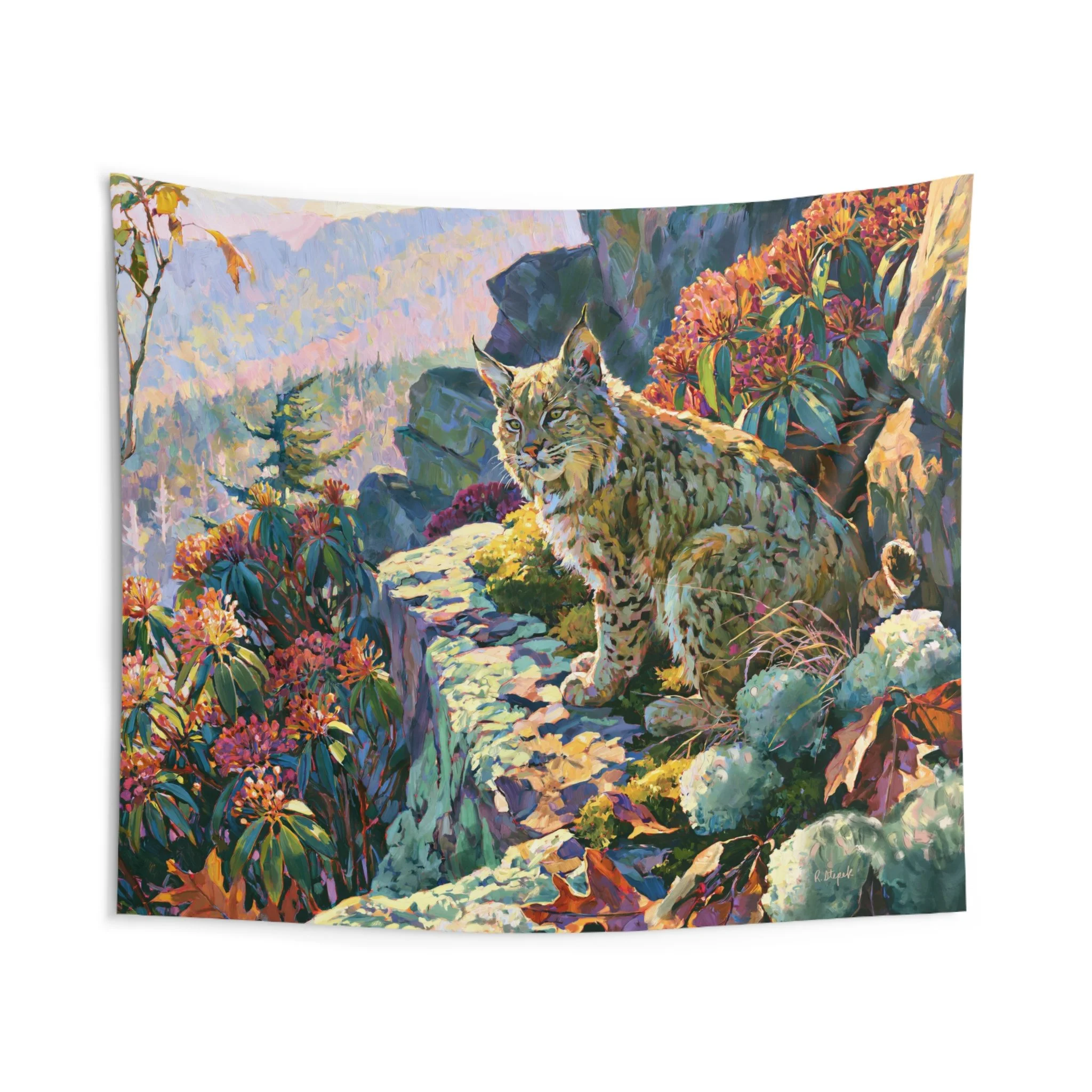 Wildcat Above the Gorge tapestry with an Appalachian bobcat on a sandstone ledge, mountain laurel, moss, lichen, and blue gorge light