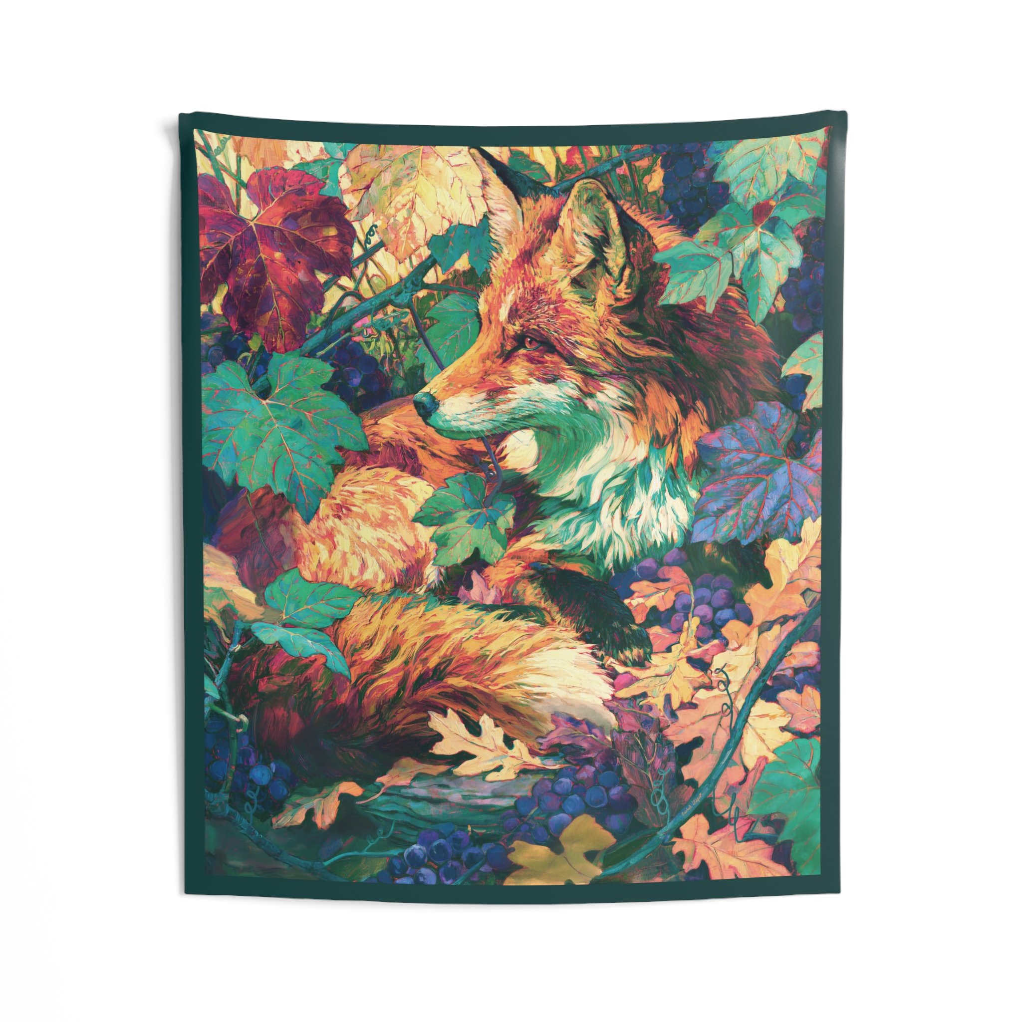 Red Fox in the Muscadine Vines tapestry, 50 x 60 inch Appalachian fox wall hanging with muscadine leaves, purple grapes, oak leaves, and deep green border