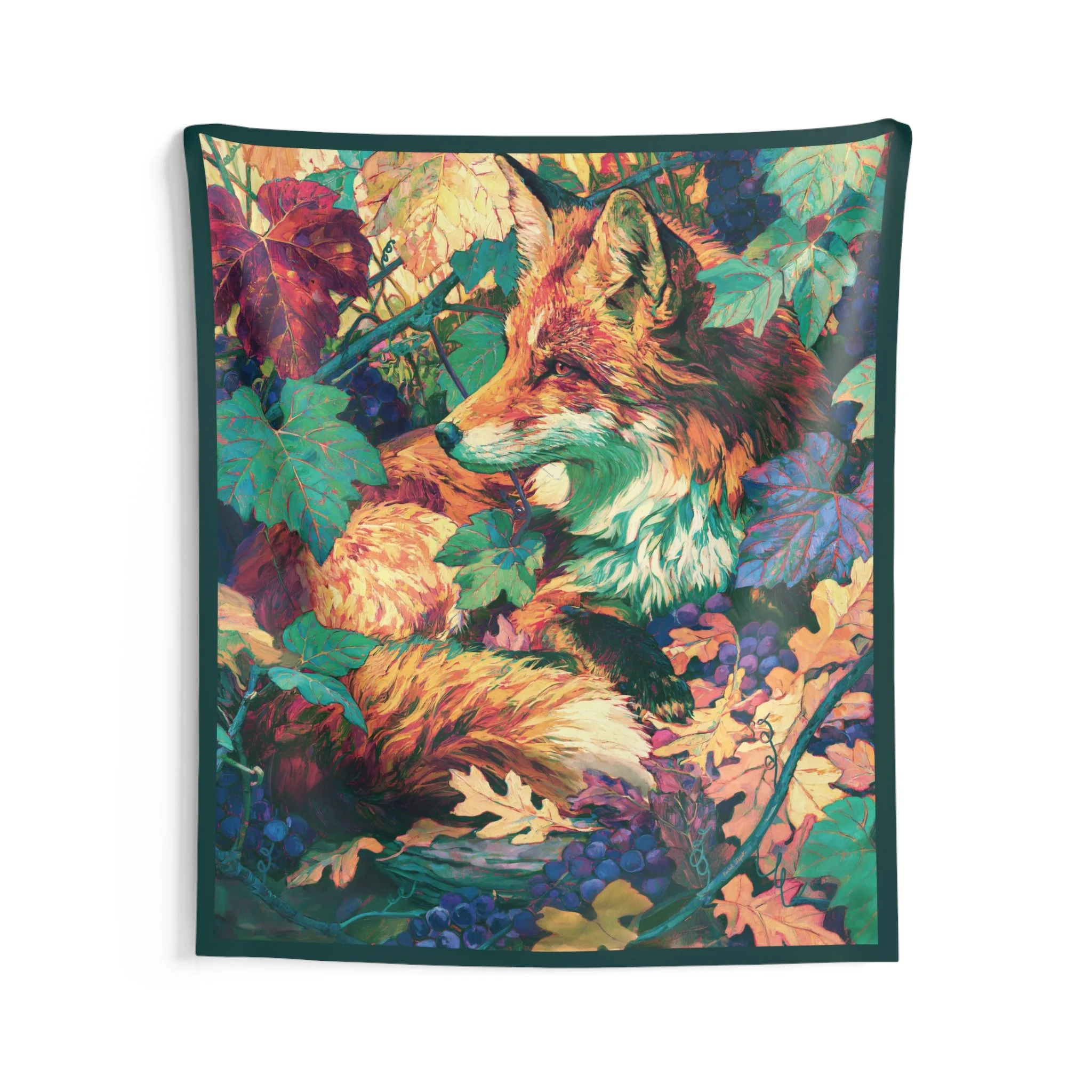 Red Fox in the Muscadine Vines tapestry, 88 x 104 inch statement wall hanging featuring a red fox resting in muscadine vines, purple grapes, oak leaves, and a printed green border