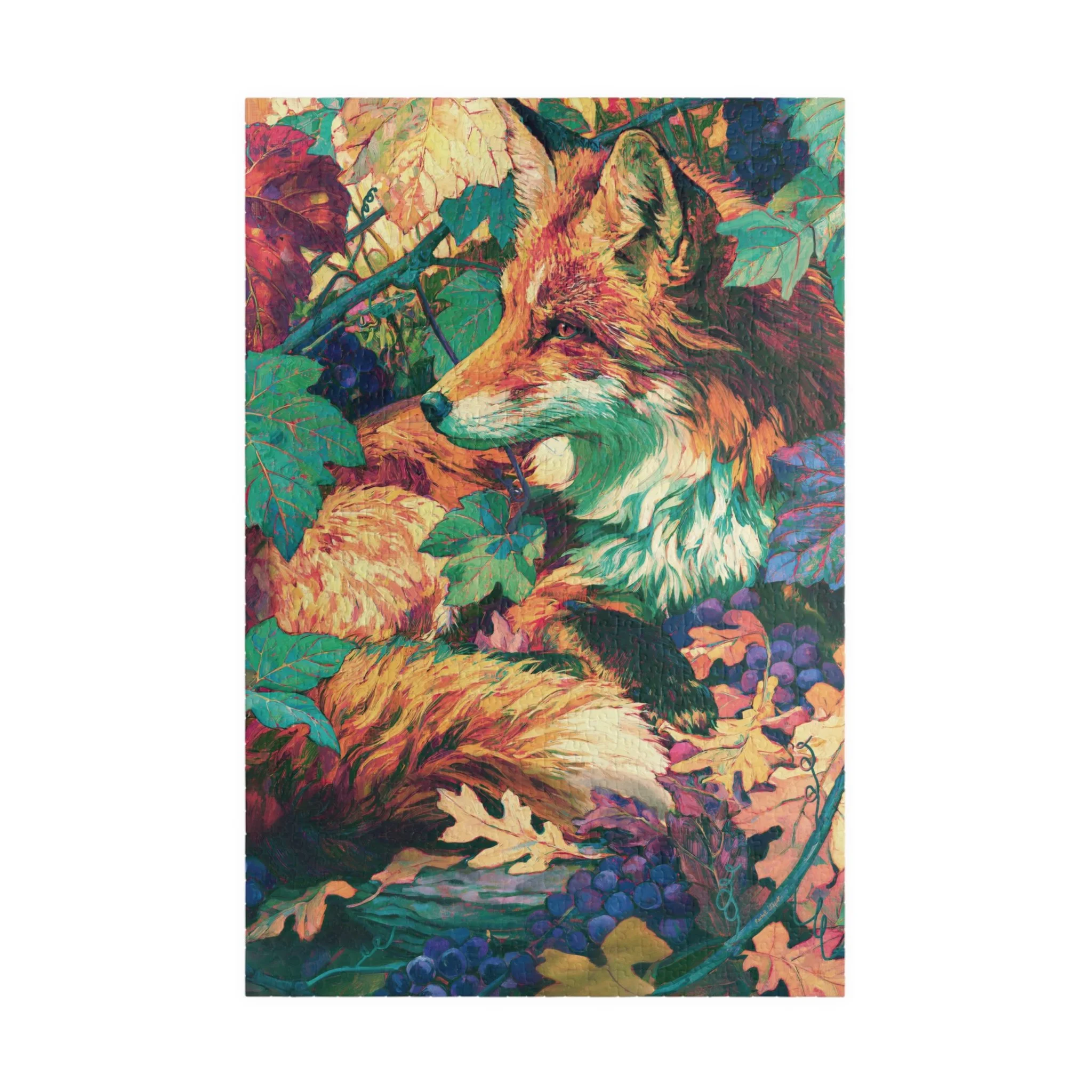 Red Fox in the Muscadine Vines puzzle front artwork featuring a red fox tucked among muscadine leaves, purple grapes, curling vines, fallen oak leaves, and a printed green border