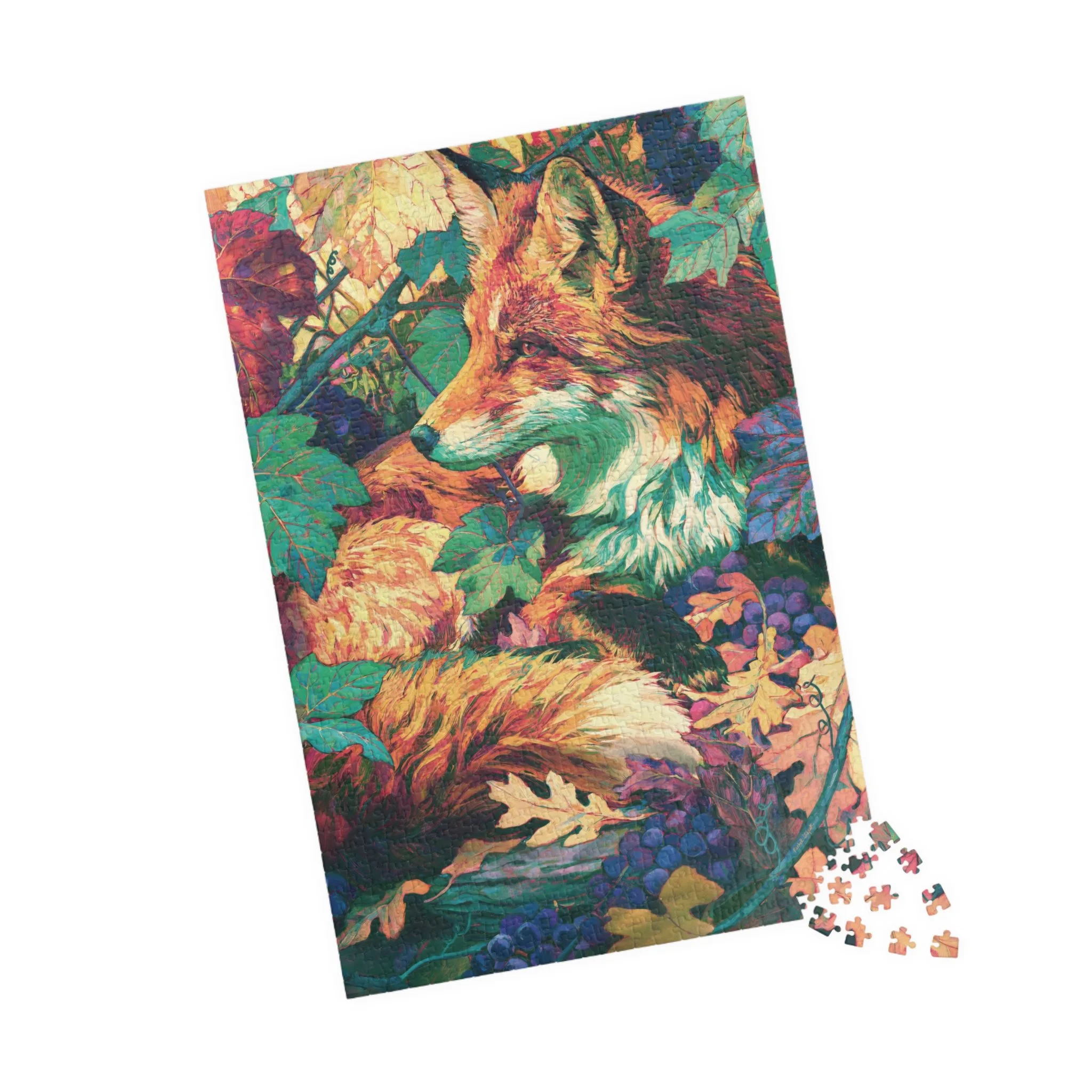 Red Fox in the Muscadine Vines puzzle with colorful pieces scattered beside the fox artwork, showing muscadine grapes, teal leaves, oak leaf litter, and copper fox fur