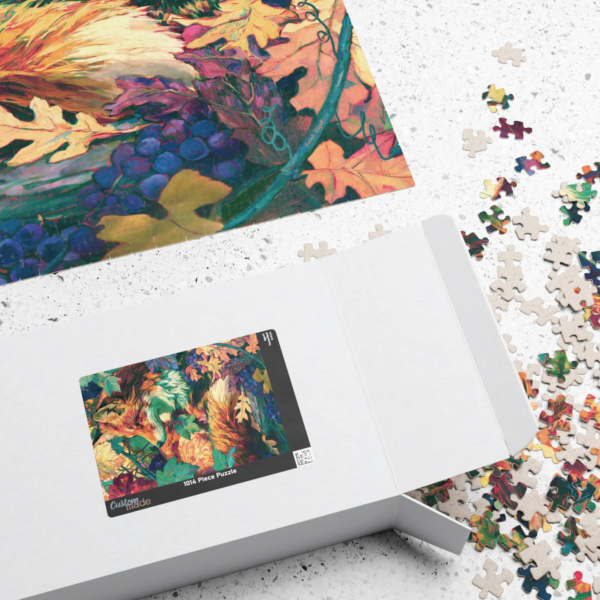 Red Fox in the Muscadine Vines puzzle box and pieces featuring original Lakehouse fox artwork with muscadine vines, purple grapes, and saturated Appalachian color