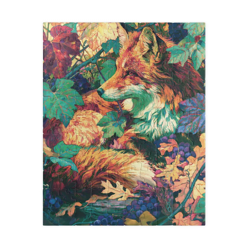 Close view of the red fox face among muscadine vines, grapes and plum-colored leaves on the puzzle