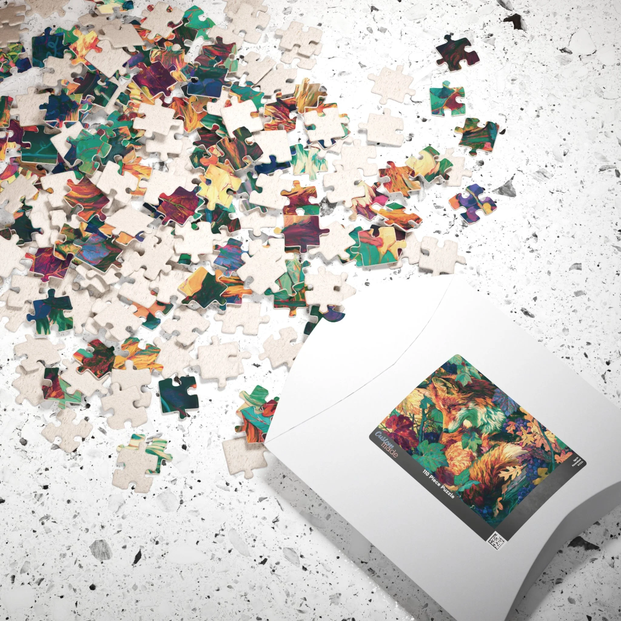 Red Fox in the Muscadine Vines puzzle box and pieces featuring original Lakehouse fox artwork with muscadine vines, purple grapes, and saturated Appalachian color
