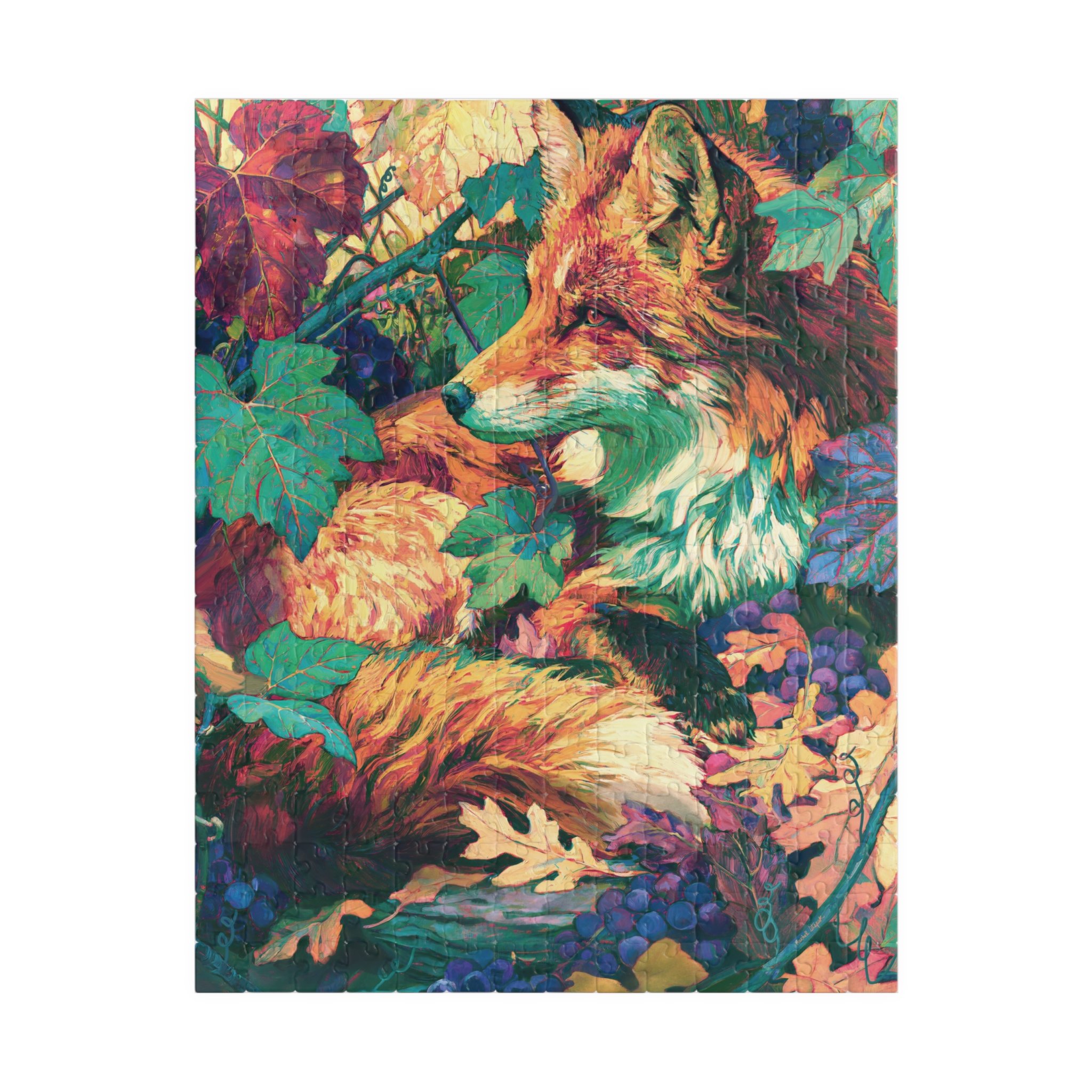 Red Fox in the Muscadine Vines puzzle front artwork featuring a red fox tucked among muscadine leaves, purple grapes, curling vines, fallen oak leaves, and a printed green border