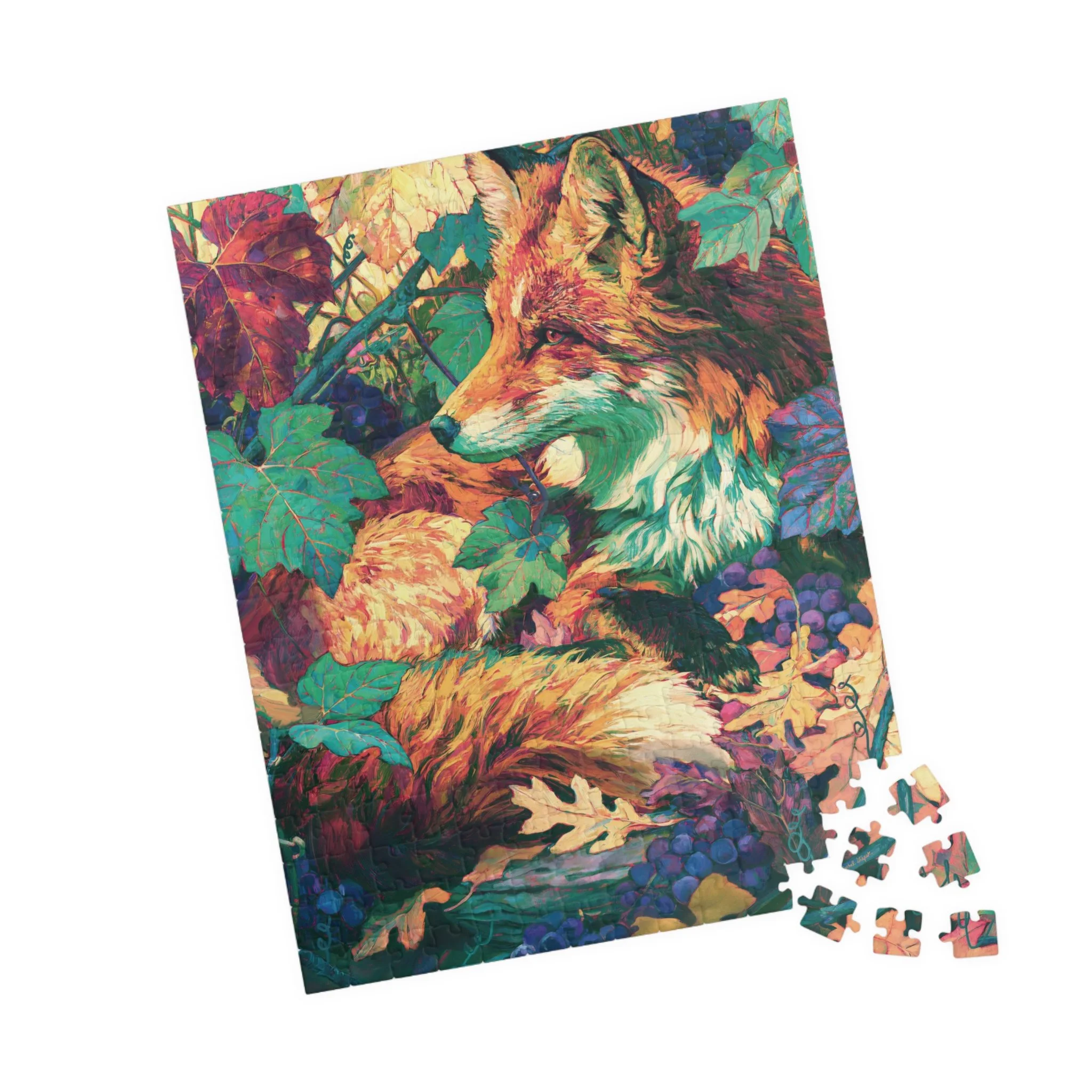 Red Fox in the Muscadine Vines puzzle with colorful pieces scattered beside the fox artwork, showing muscadine grapes, teal leaves, oak leaf litter, and copper fox fur