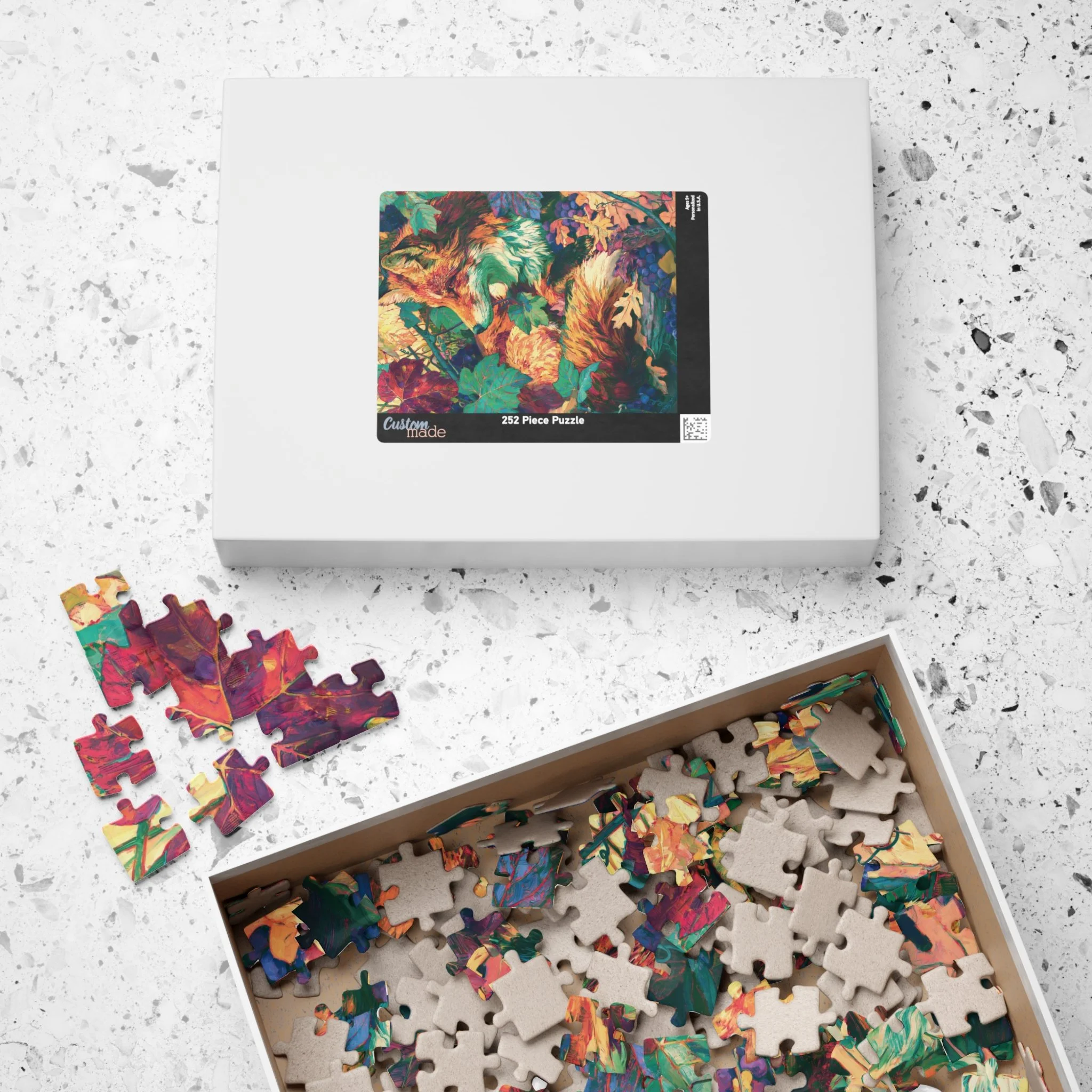 Red Fox in the Muscadine Vines puzzle box and pieces featuring original Lakehouse fox artwork with muscadine vines, purple grapes, and saturated Appalachian color