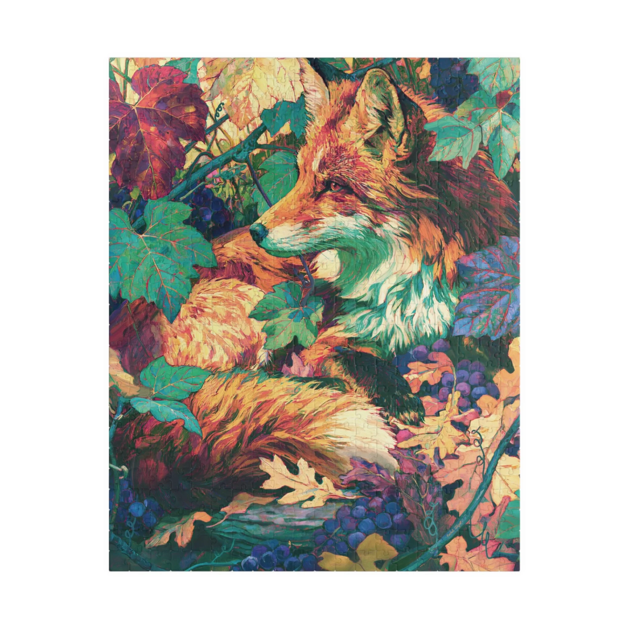 Red Fox in the Muscadine Vines puzzle front artwork featuring a red fox tucked among muscadine leaves, purple grapes, curling vines, fallen oak leaves, and a printed green border