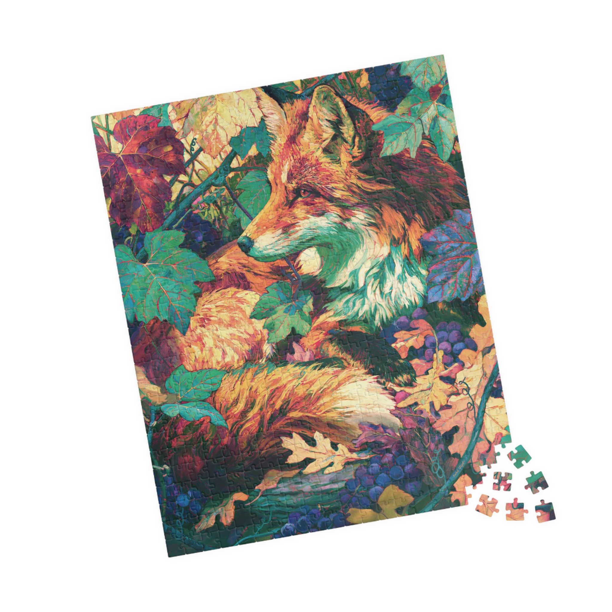 Red Fox in the Muscadine Vines puzzle with colorful pieces scattered beside the fox artwork, showing muscadine grapes, teal leaves, oak leaf litter, and copper fox fur